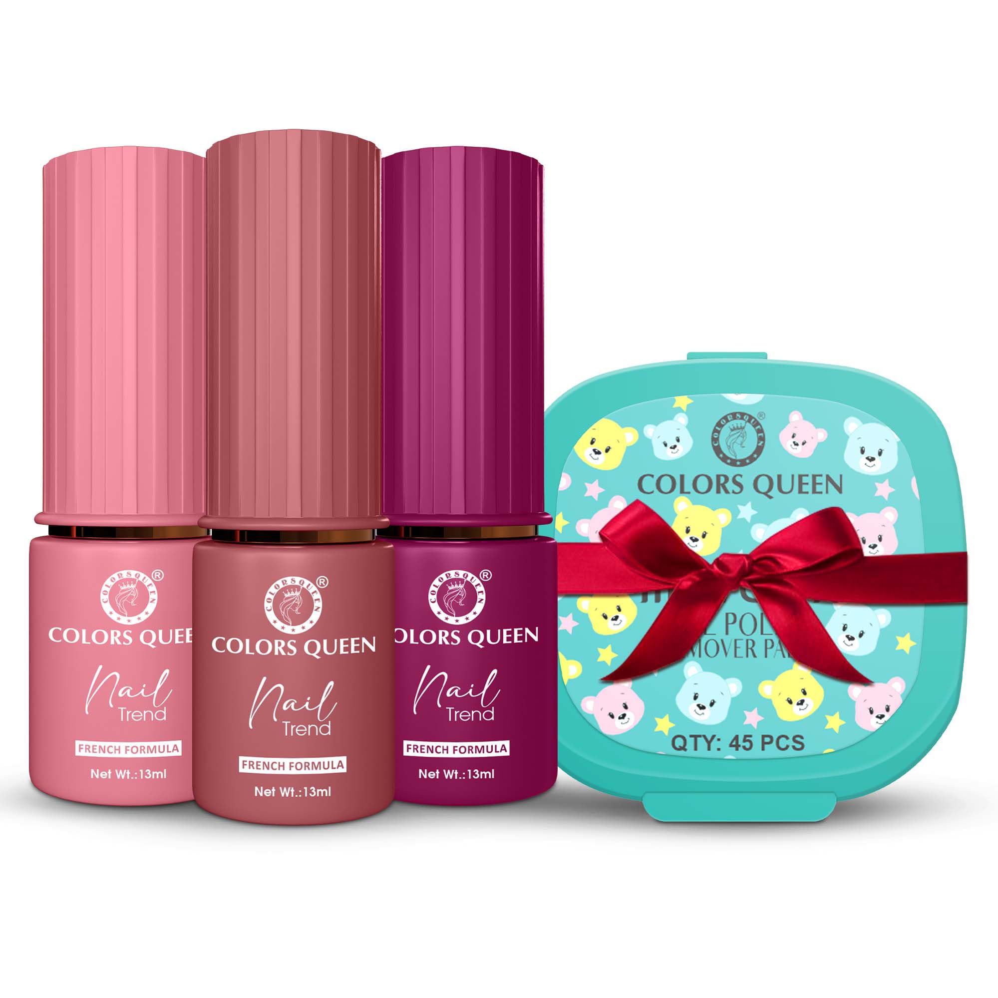 Colors Queen Nail Trend Glossy Nail Paint Combo Set of 3 with Free Nail Paint Remover Wipes - 45 pcs| Long Lasting & Vibrant Nail Paint for Women (Delicate Rose, Tapestry, Amaranh Red, 39ml)-image-23