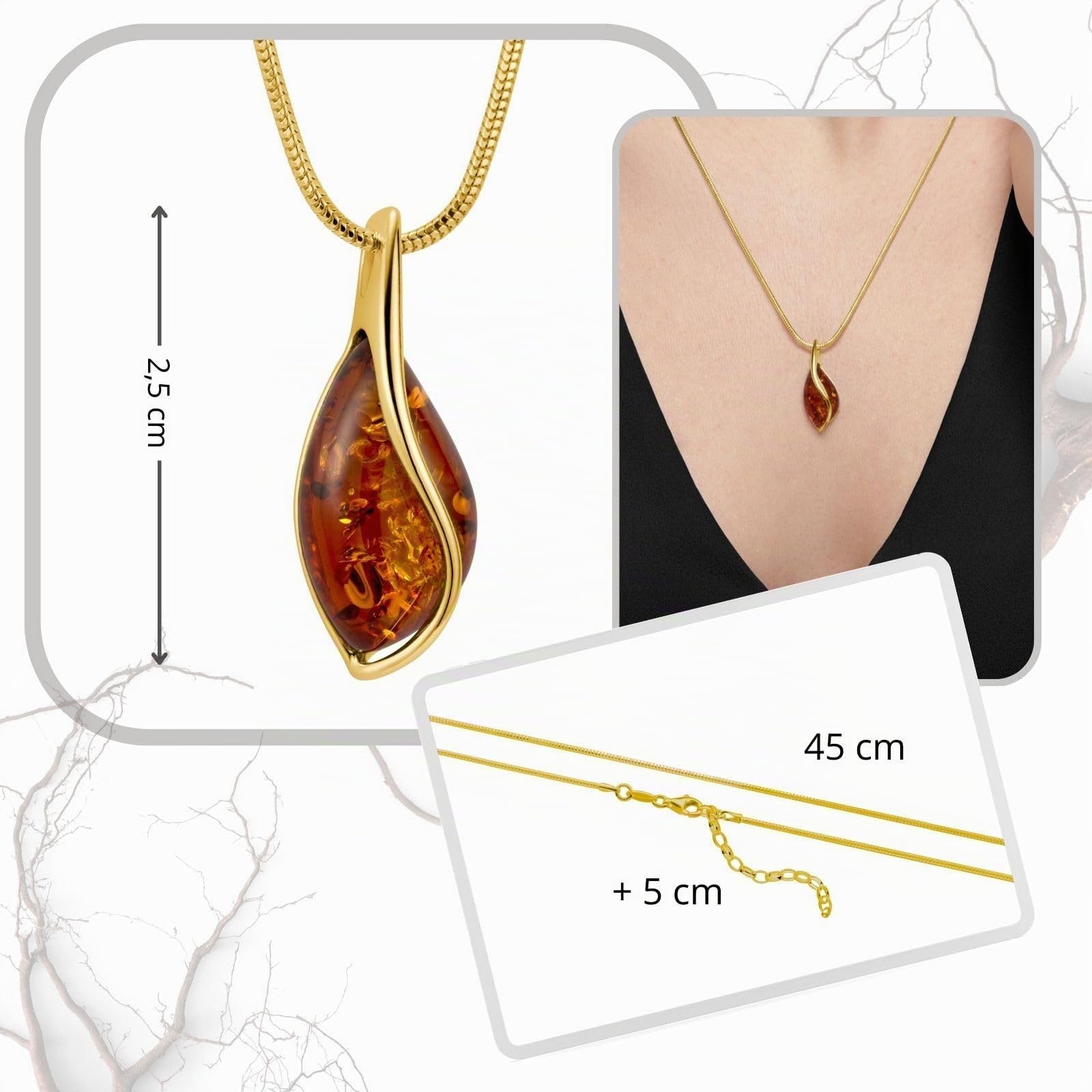 Copal Verstellbare Halskette Mit Naturbernstein Anhänger Und Goldplattierter Silberkette