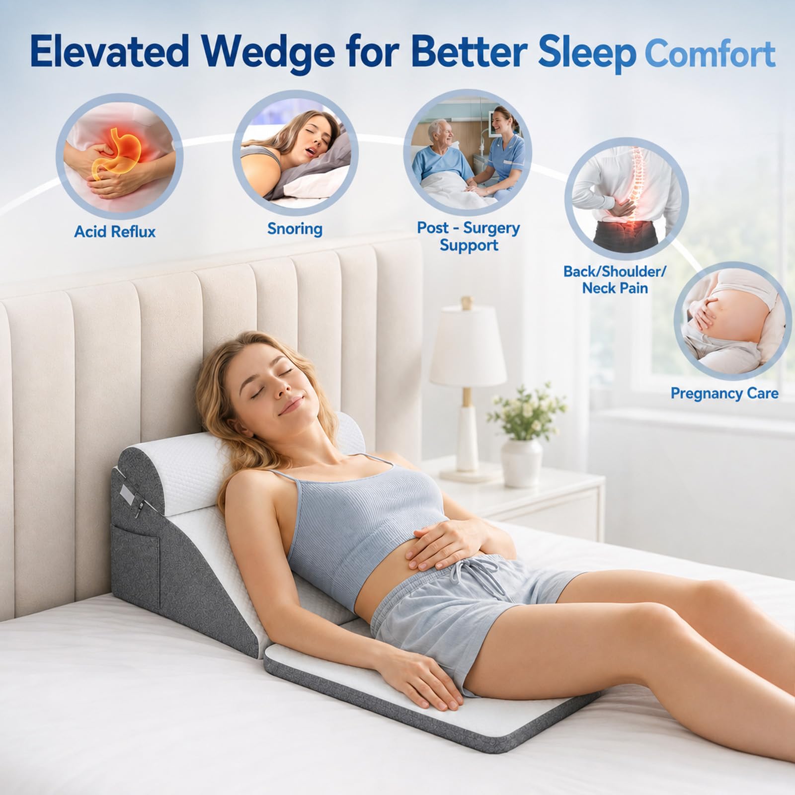 Cuscino a cuneo a forma di curva, ergonomico ortopedico per letto e divano, cuscino a cuneo regolabile, in schiuma ad alta densità, cuscino da lettura per sollevare le gambe, perfetto cuscino per la