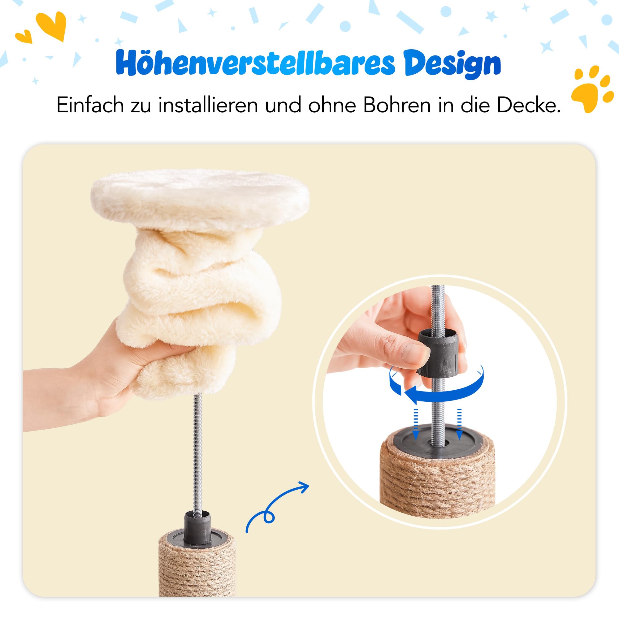 Deckenhoher Katzenbaum 234-259 cm höhenverstellbar, 2-Säulen-Design mit 12 sisalumwickelten Pfosten, mehrstöckig mit weichen Liegeflächen, Hängematte, Plattformen & Spielball, Beige