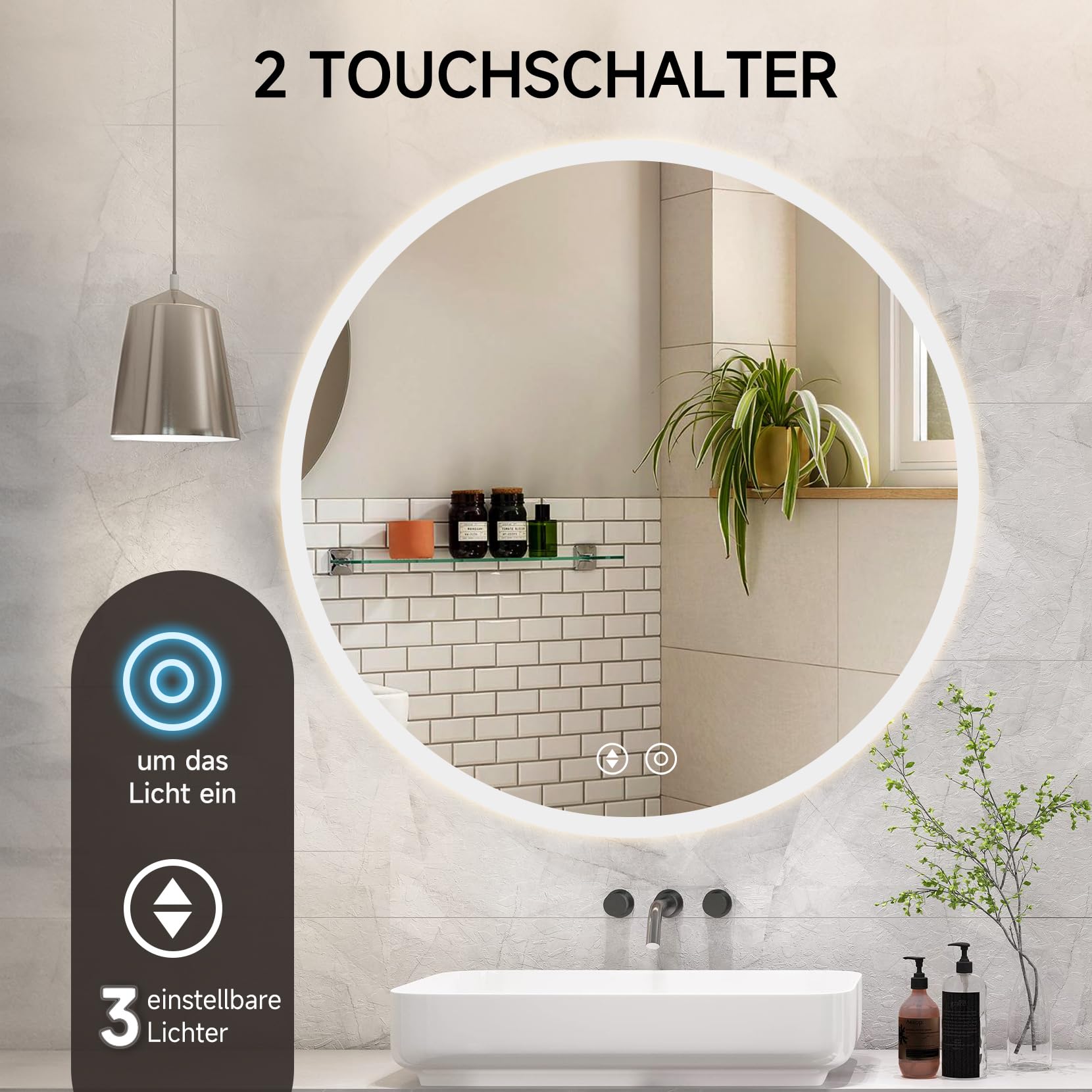 YOLEO Specchio Bagno Rotondo con Luce LED Orientabile in 3 Colori, 70 x 70 cm Specchio da Bagno con Interruttore Touch e Funzione Antiappannamento, 6400 K