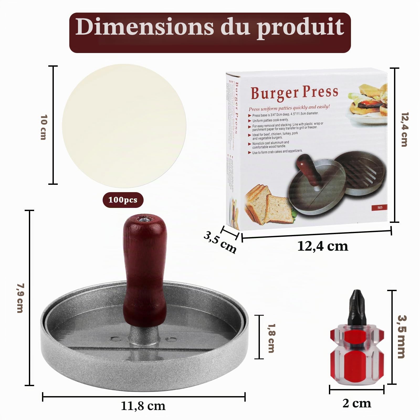 Presse à Burger en Aluminium avec 100 Papier Silicone, Moule à Viande pour Hamburgers