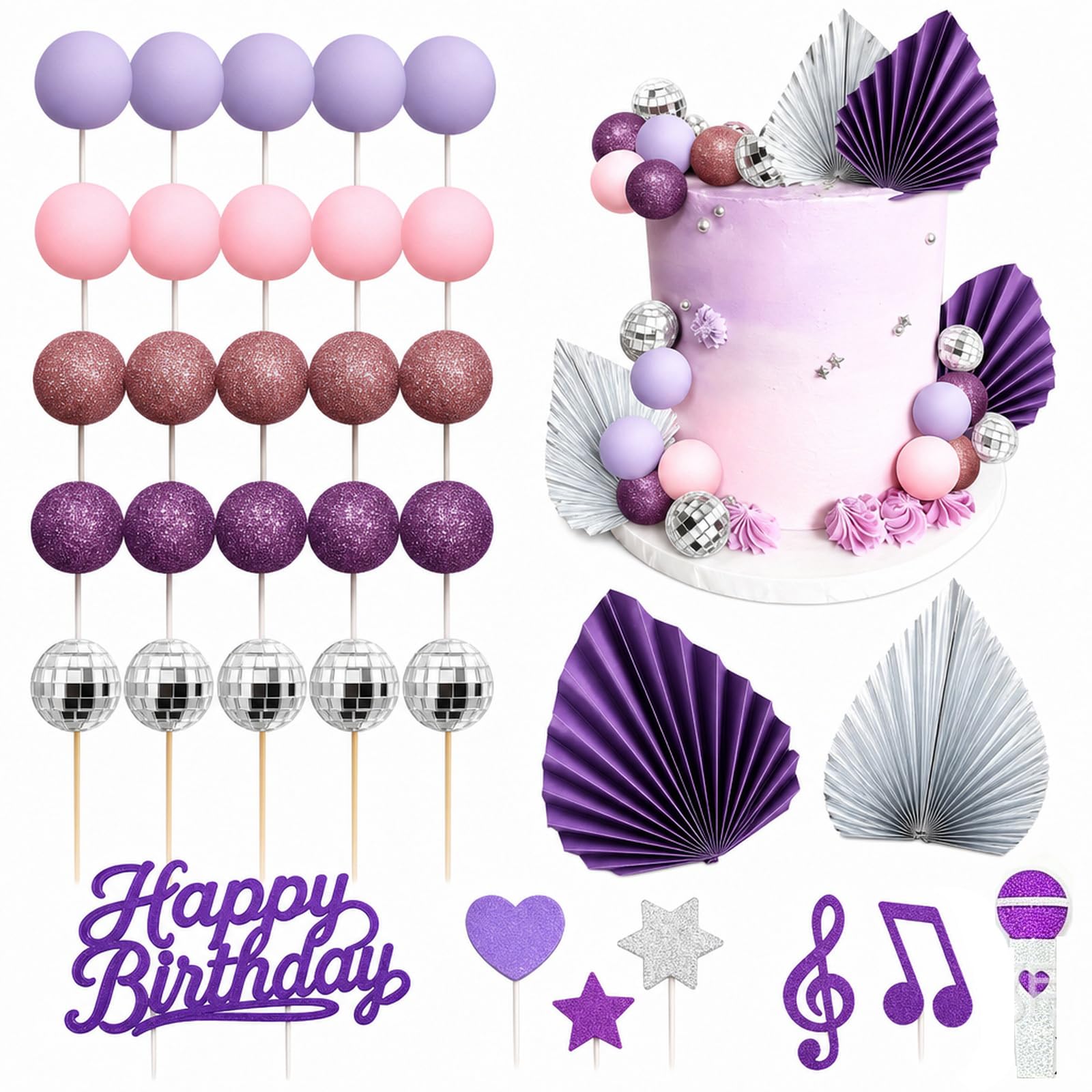 46-Piece Purple Cake Decorations, Disco Ball Cake Decorations, Ideal for Creating Eye-Catching Cake Presentations at Gatherings and Social Media Photo Shoots