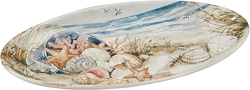 Miniatura 2 de Coastal Landscape - Bandeja de cerámica para peces de 19.5 pulgadas con temática oceánica con conchas marinas, estrellas de mar y escena de playa,