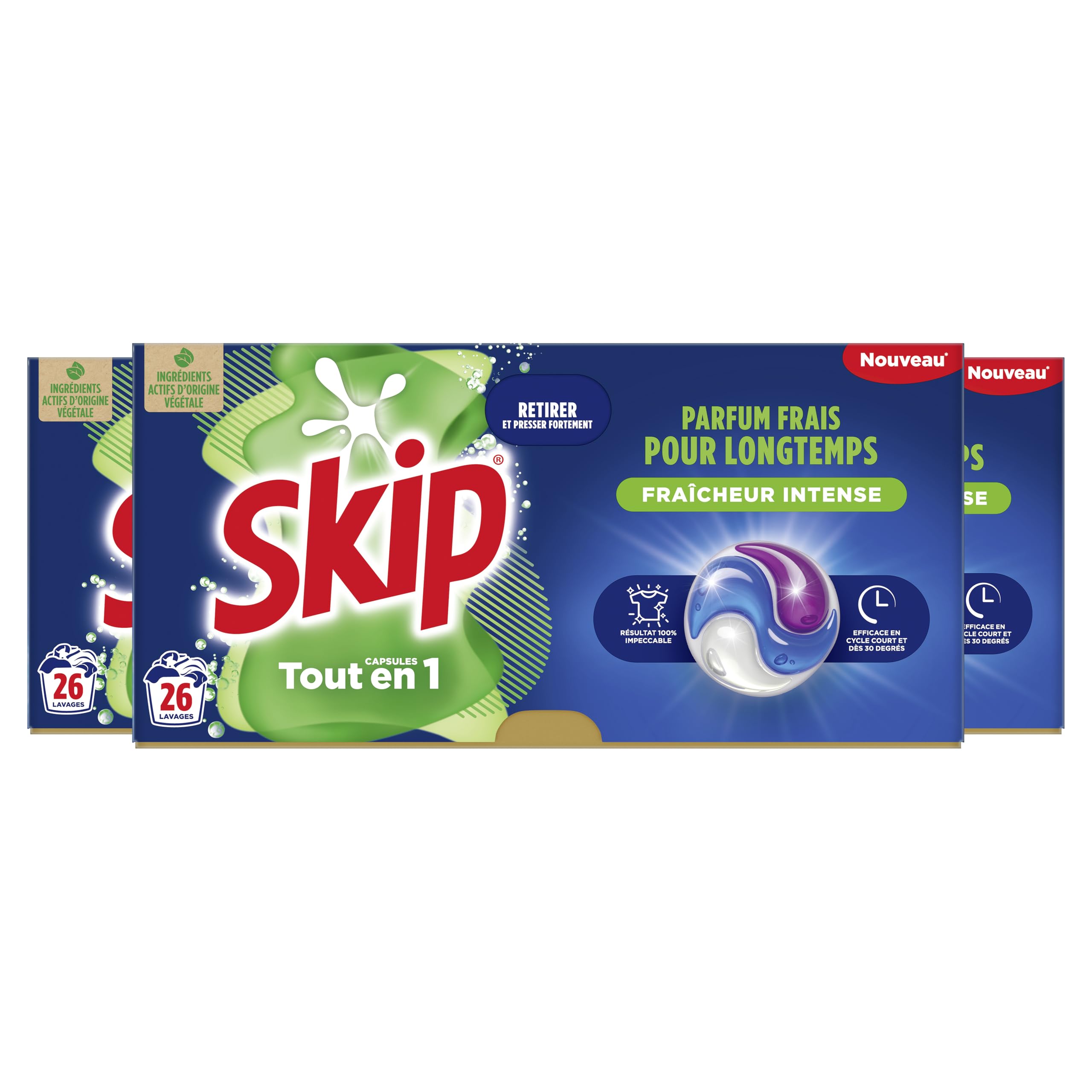 Skip Flüssigwaschmittel in Kapseln, intensive Frische 3-in-1, 78 Waschgänge, makelloses und effektives Ergebnis ab 30 °C, ohne Kunststoffverpackung (3 x 26 Stück)