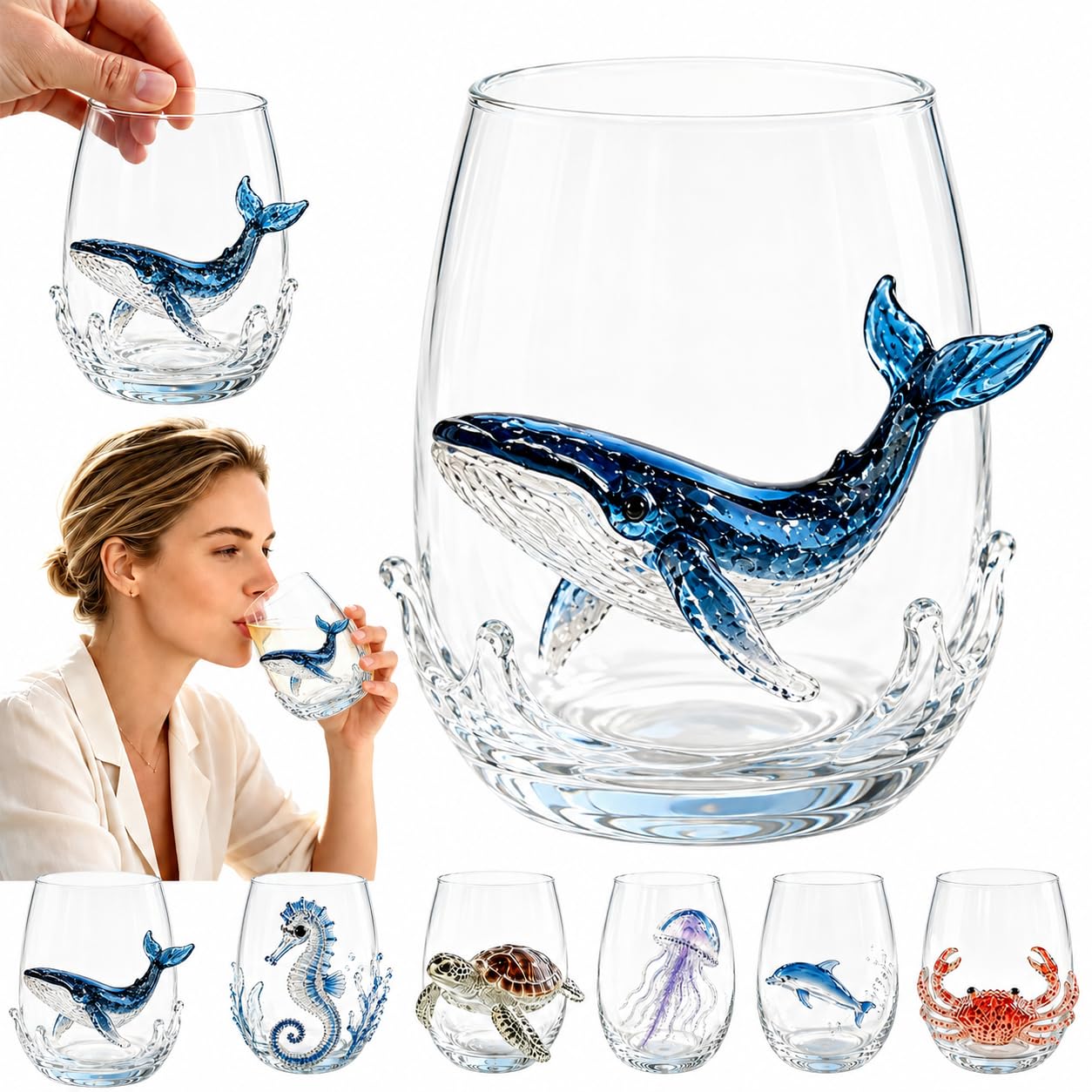 Artisanal Blue Ringed Octopus Glassware,3D Octopuses Stemless Wine Glasses,Handcrafted Marine Animal Bar Glass,Ocean Animals Borosilicate Tumbler,Coastal Home Decor Gift for Ocean Lovers