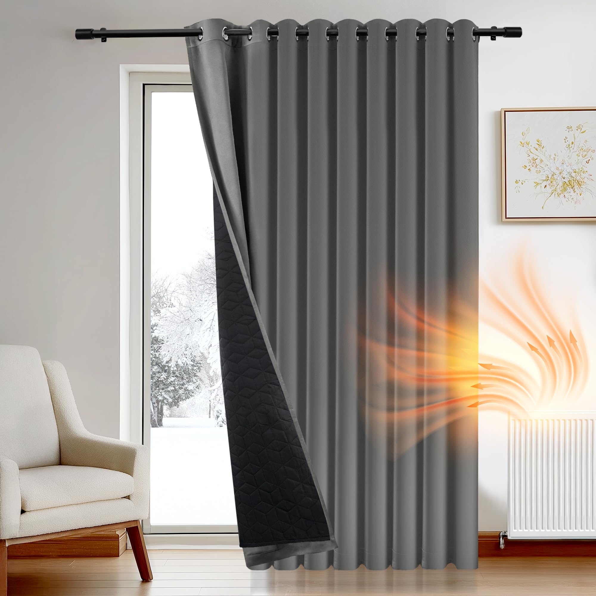 Deconovo Thermal Door Curtain, Double Layers Door Panel with Thick Microfiber Quilted Lining for Winter, Energy Saving Eyelet Thermal Curtain for Bedroom, W 118" x L 102", Light Grey, 1 Panel — image 1