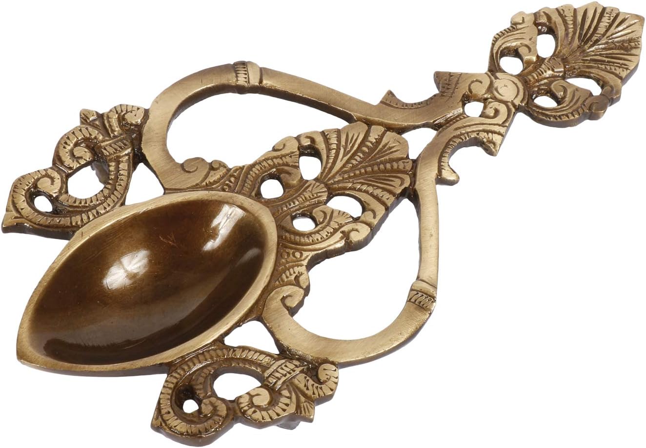 Brass Pooja Dhoop Diya Stand Incense Burner and Diya Jyoti Deepak Oil Lamp Diwali Gift Tealight Loban Holder Aarti Stand for Home Office Temple God Puja Antique Gold Length 7.5 Inch