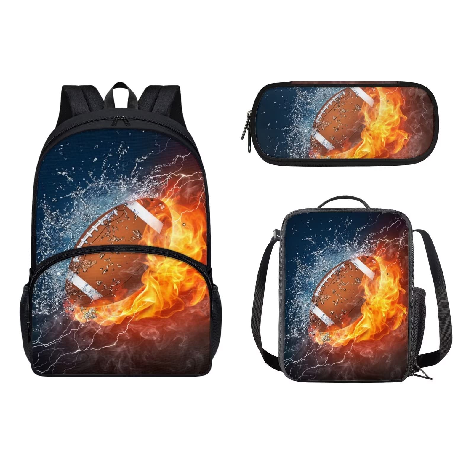 POLERO Mochila escolar de caballos para niños, juego de bolsas de almuerzo, estuche para lápices, 3 piezas, bolsas escolares, Fuego de agua de rugby, Talla única, Mochila infantil