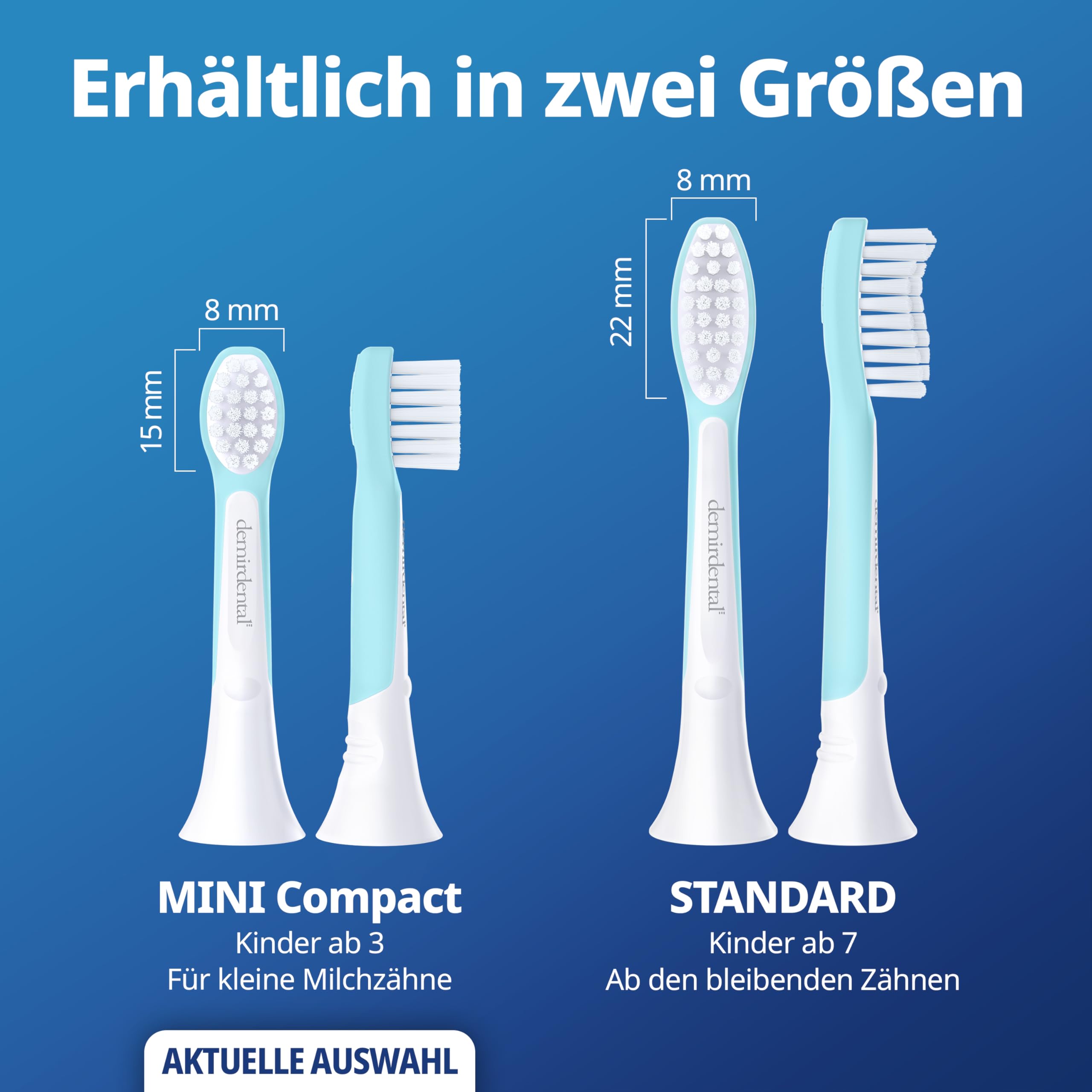 demirdental Kinder Ersatzbürsten passend für Philips Sonicare Kids – Mini Aufsteckbürsten für 3-6 Jahre, extra weiche Bürstenköpfe für Milchzähne, entspricht HX6034, Türkis, 8er Set