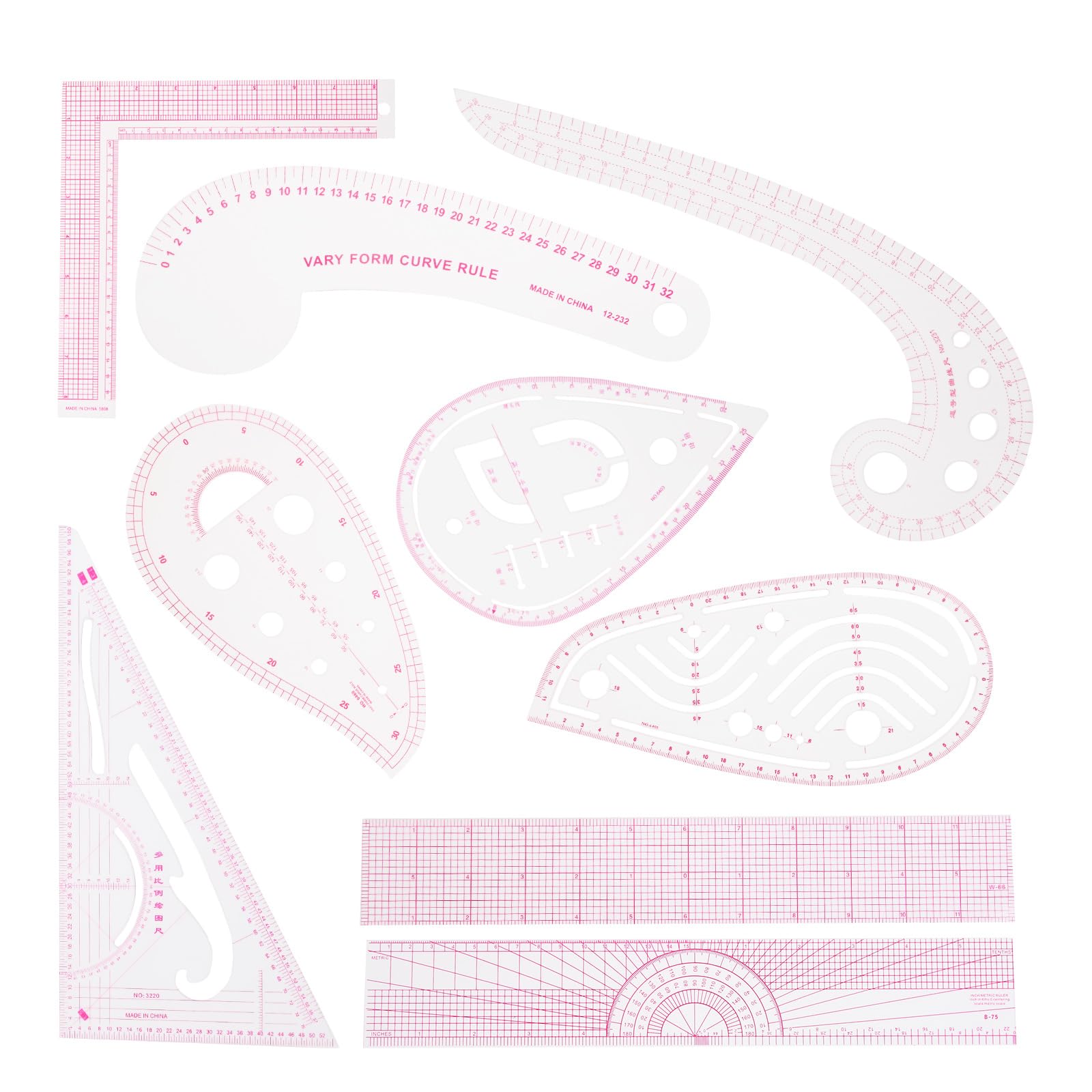 9 Styles Pattern Master French Curve Rulers, Sewing Ruler Tailor Set Including Vinyl And Flower Curve Rulers