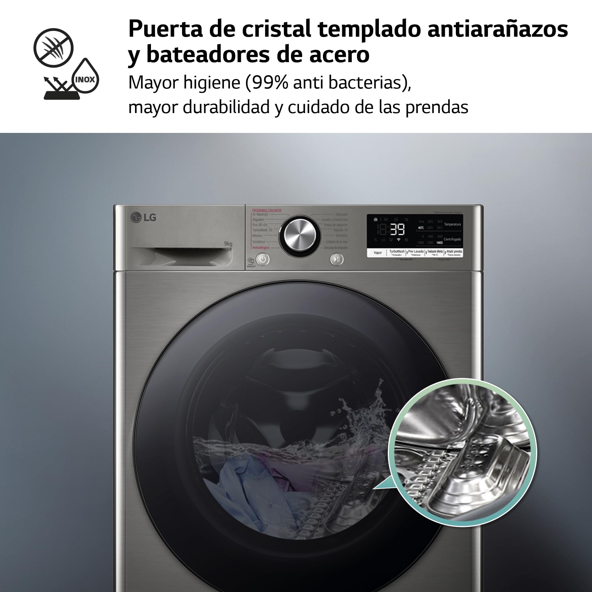LG F4WR7009AGS - Lavasecadora inteligente AI Direct Drive™, Turbowash 360º, 9/6kg, 1400rpm, 10% más eficiente que A (lavado) / D(secado), Inox, Serie 700
