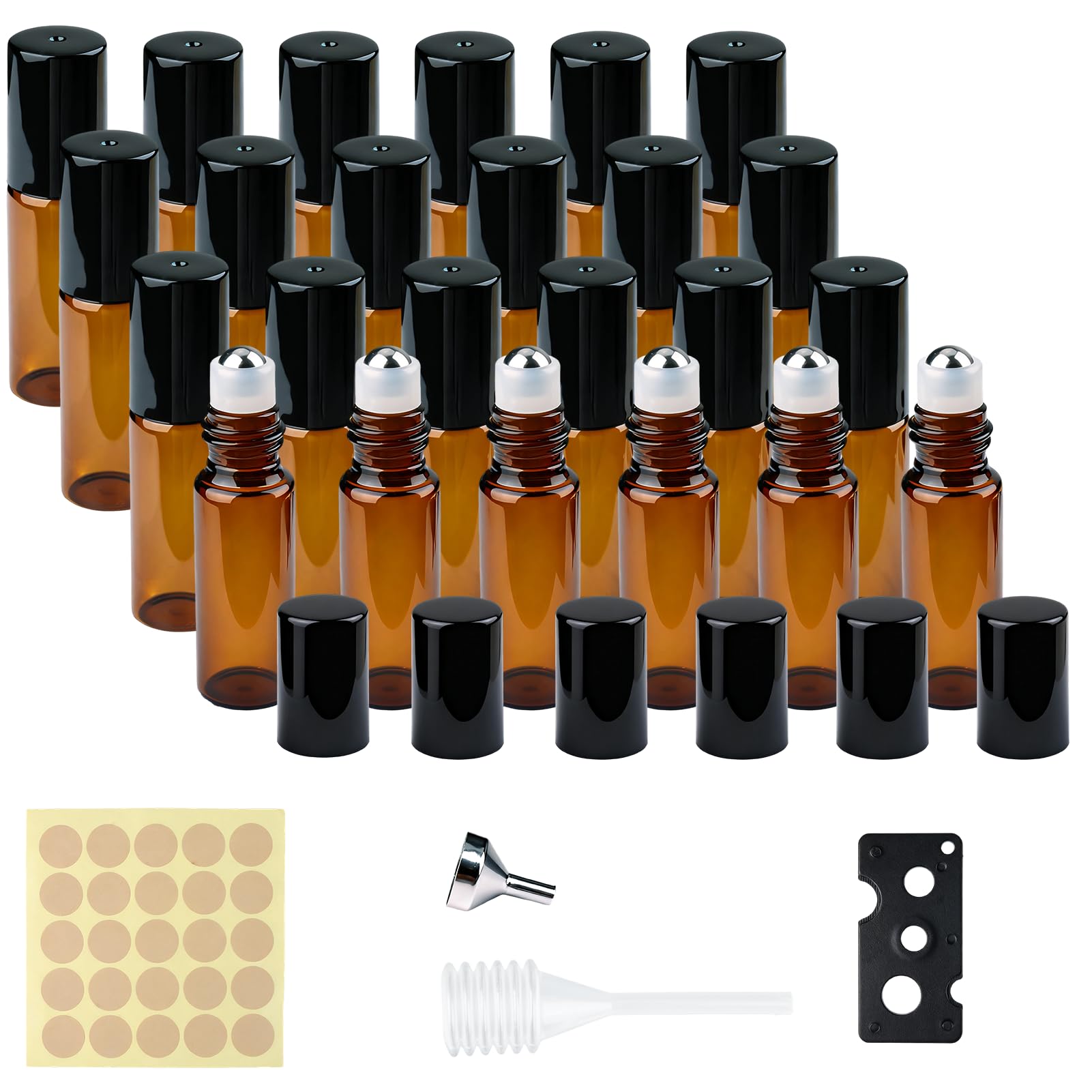 Lot de 24 bouteilles en verre marron de 5 ml, avec rouleaux, décapsuleurs, compte-gouttes, autocollants, décapsuleurs, idéal pour les huiles essentielles