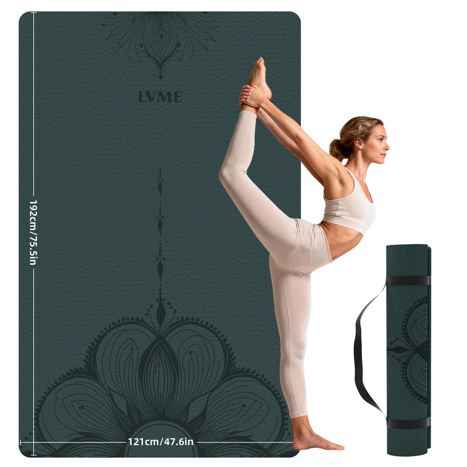 Large Yoga Mat (75.5"x47.6"x0.4"οΌExtra Wide & Thick 10mm, Non-Slip Exercise Mat, High-Density TPE Mat for Yoga Pilates & Home Gym Workouts (Forest Green)