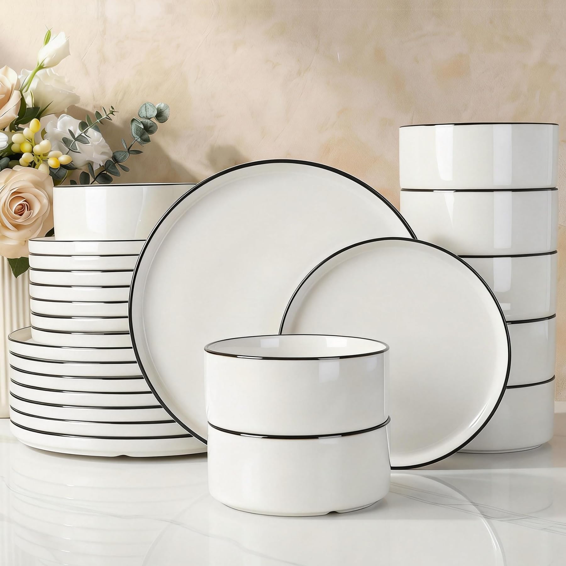 Famiware Porcelain 24-Piece Dinnerware Set, White with Black Trim