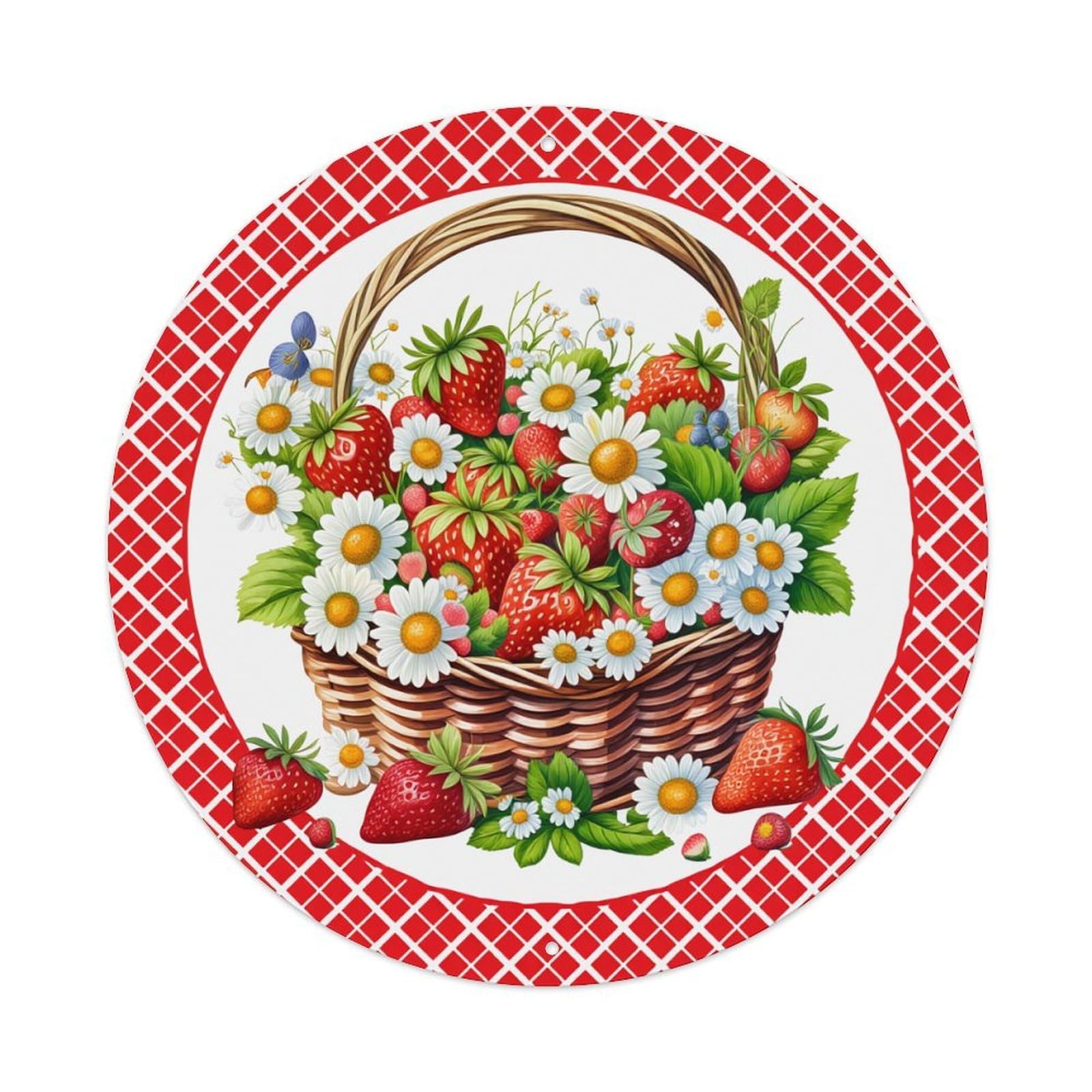 Strawberry Basket Flowers Red Checkered Round Tin Sign Retro Metal Sign for Cafe Bar Pub Home Game Room Gym Club Wall Decoration Vintage Metal Poster 8x8 Inch
