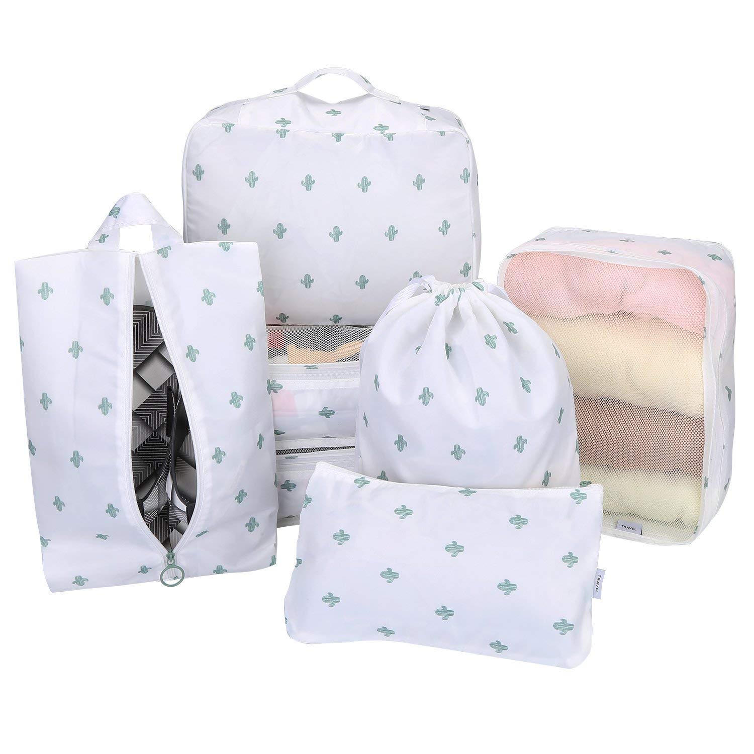 House of Quirk Polyester 7 Set Travel Organizer Bag 3 Packing Cubes + 3 Pouches + 1 Toiletry Organizer Bag, (White Cactus), 31 Centimeters, 12 Centimeters