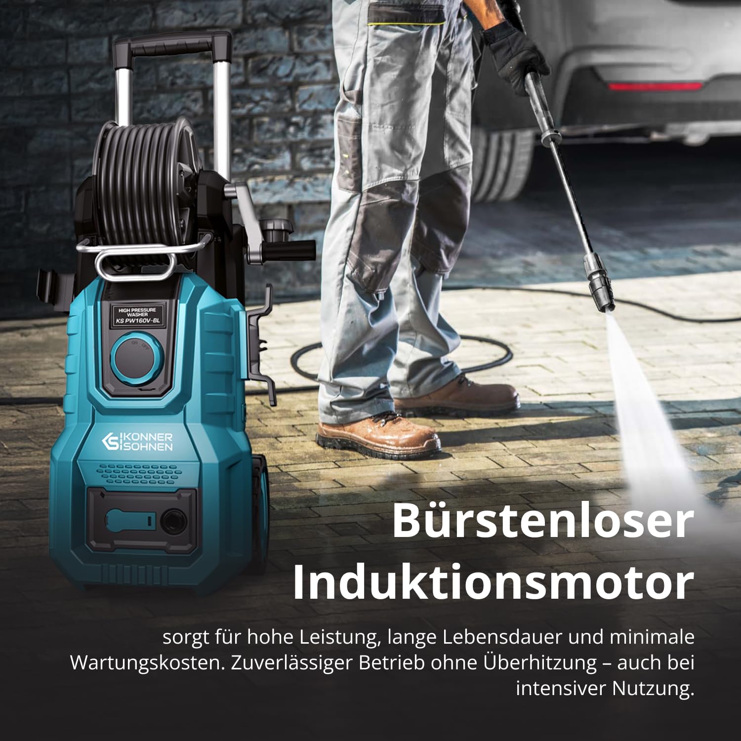 Könner & Söhnen KS PW160V-BL Hochdruckreiniger 2000 W, 160 bar, mit bürstenlosem Induktionsmotor, Teleskopgriff, Metalllanze und 8-m-verstärktem Hochdruckschlauch, mobiler Flächenreiniger 390 l/h