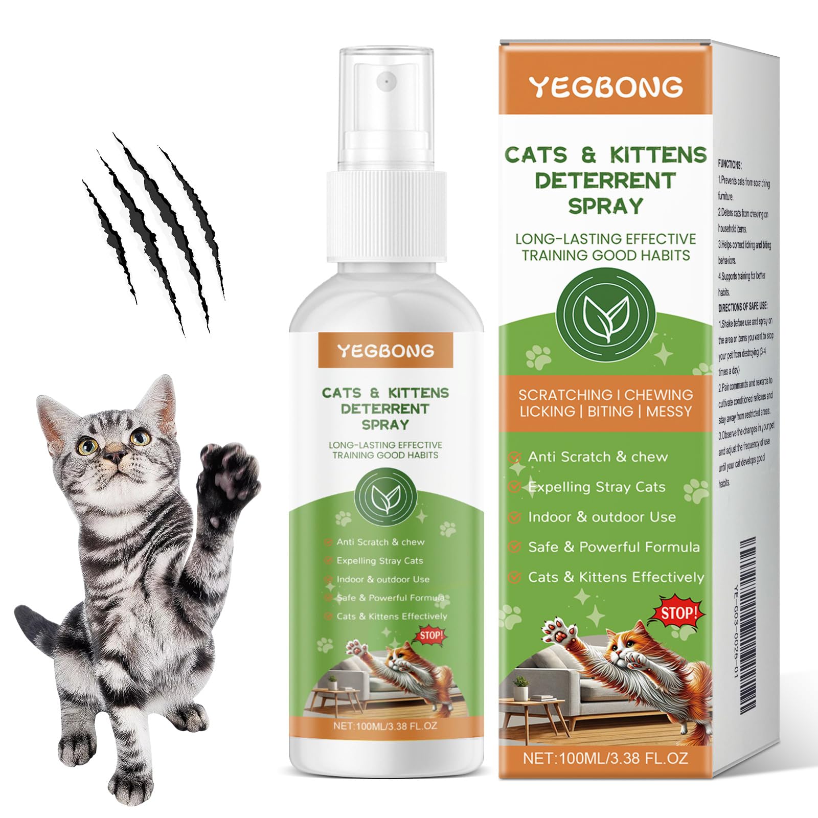 Spray Repellente per Gatti 100 ml, Deterrente Anti Graffi per Interni ed Esterni, Protegge Mobili, Divani, Tappeti e Pavimenti, Spray Educativo per Correzione Comportamento Gatti