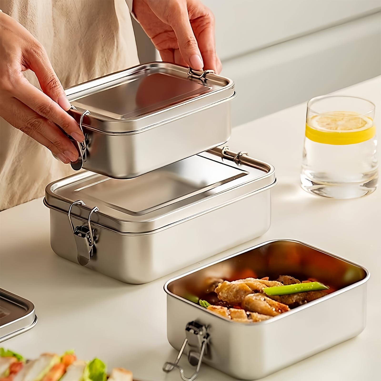 BORDEAG Pudełko śniadaniowe ze stali nierdzewnej, 850 ml, 1400 ml, 2400 ml, stal nierdzewna, pudełko na lunch, metalowe, z przegródkami, wyjmowane, pudełko na kanapki, pudełko na przekąski, pudełko na