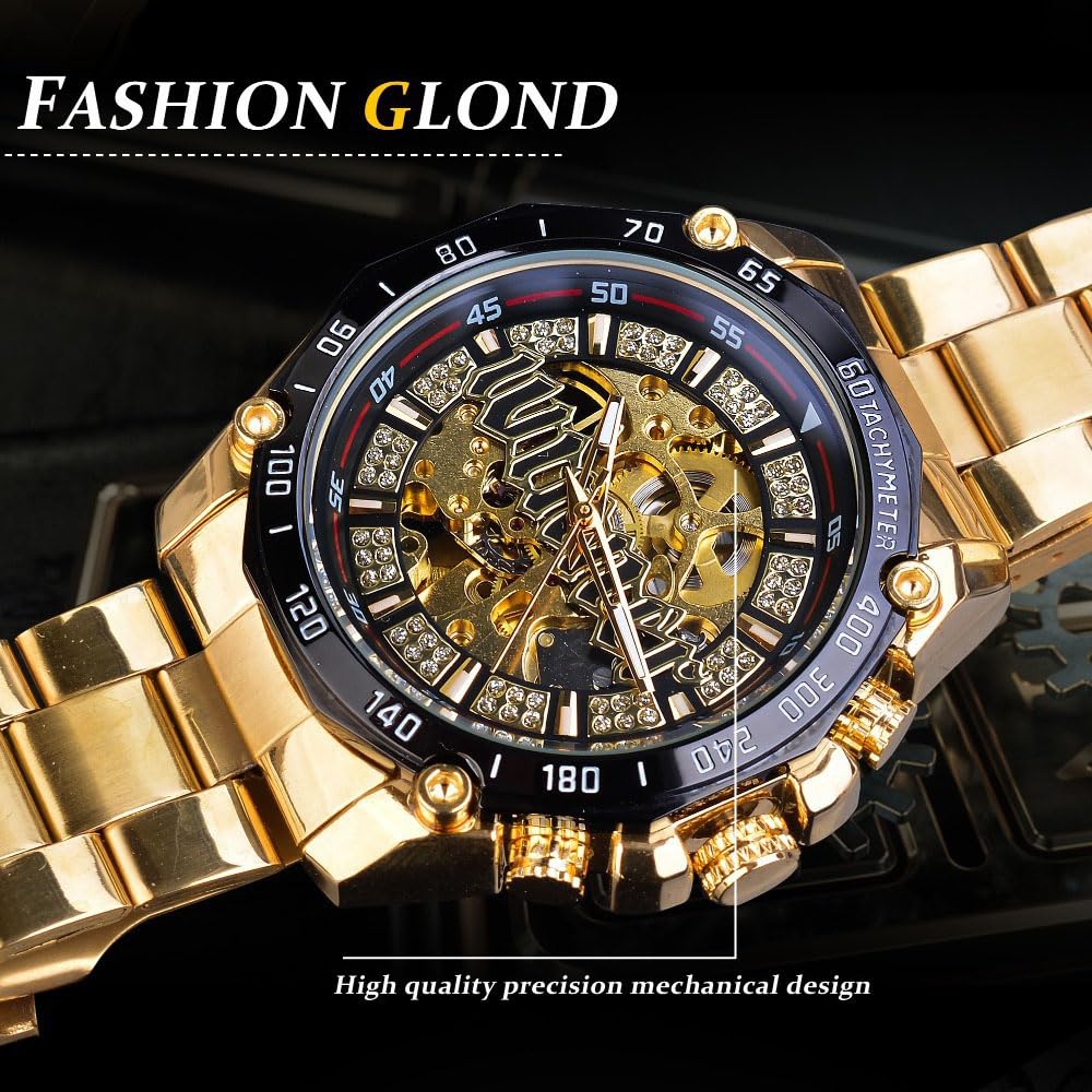Reloj Esqueleto Dorado con Diamantes Hombre, Reloj Mecánico De Cuerda Manual con Correa De Acero Inoxidable, Relojes Automáticos Hombre, Relojes Luminosos Deportivos Y De Negocios