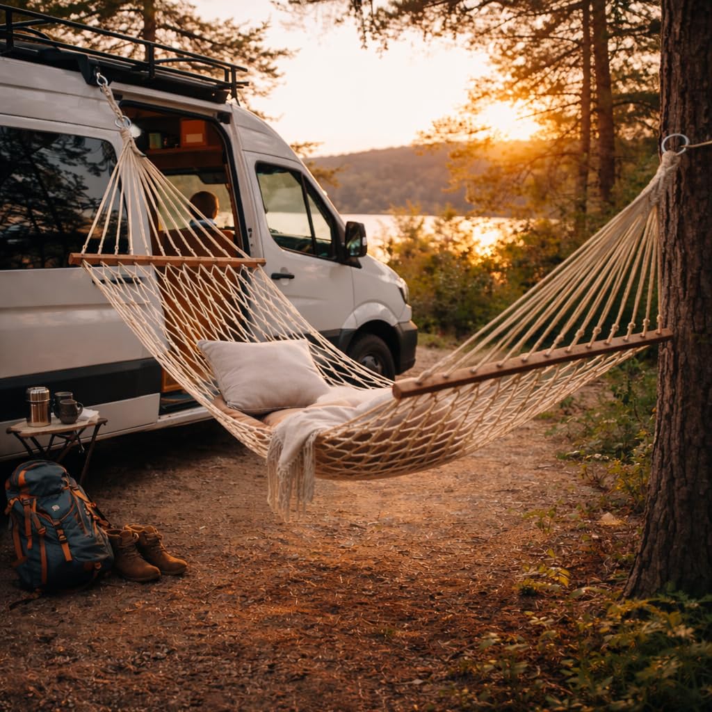 Hamaca Macramé de 270 x 80 cm (Zona Útil 190 x 80 cm) Hamaca de Red Estilo Boho para Jardín Terraza Interior Camping Campers o Caravanas Bolsa de Transporte incluida