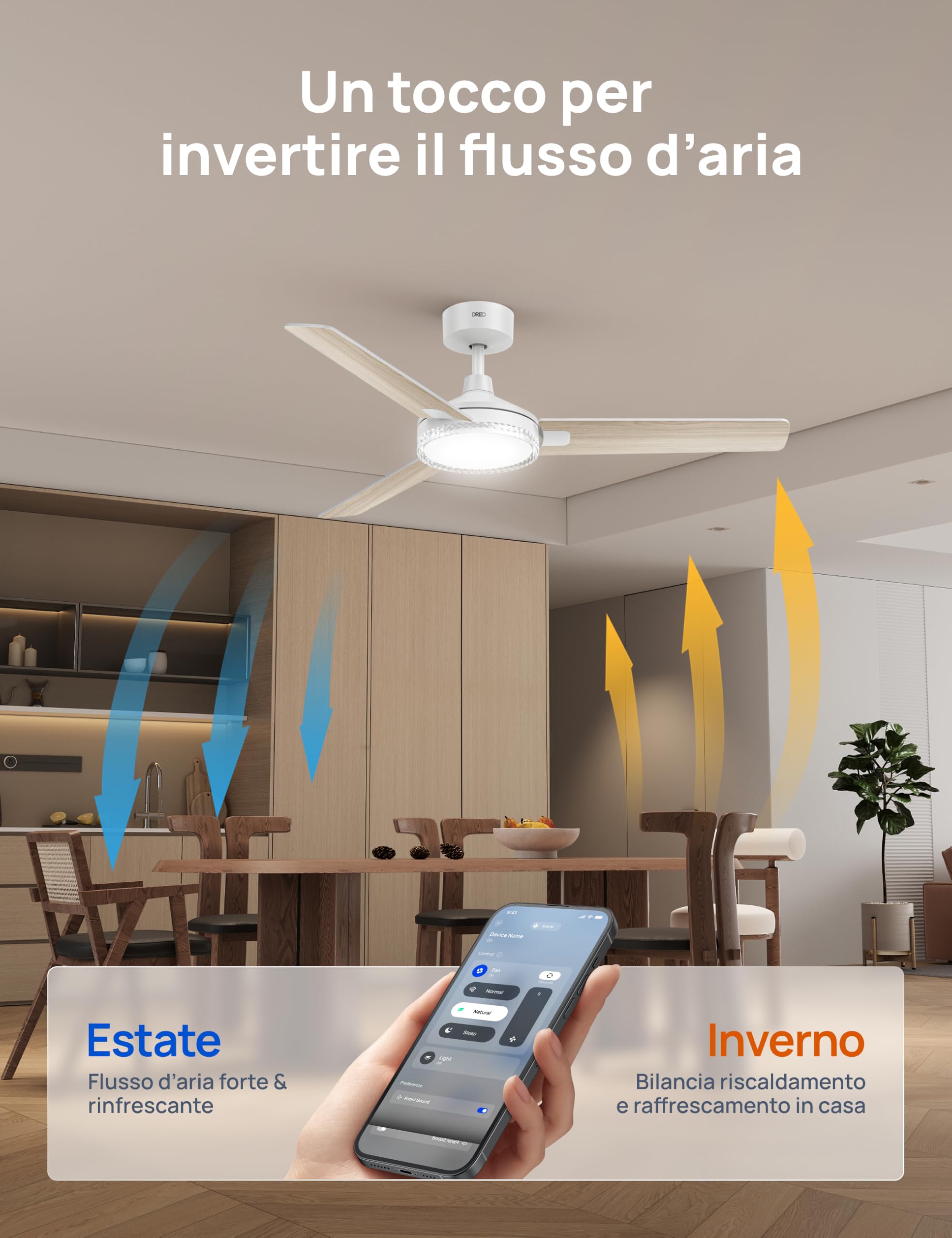 DREO ventilatore da soffitto smart 132 cm con luce, 12 velocità e 3 modalità, temperatura regolabile, LED dimmerabile, timer 1–12 h, motore CC silenzioso, app, Alexa e interruttore, bianco