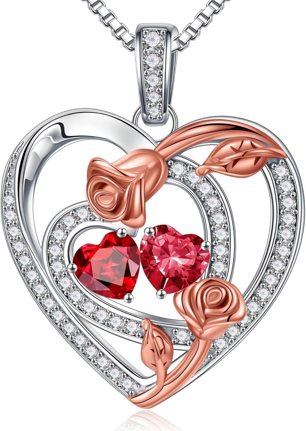 Iefil Valentines Day Gifts for Her - 925 Sterling Silver Rose Heart Birthstone Necklaces, Anniversary Birthday Gifts for Women Wife Girlfriend Mom
