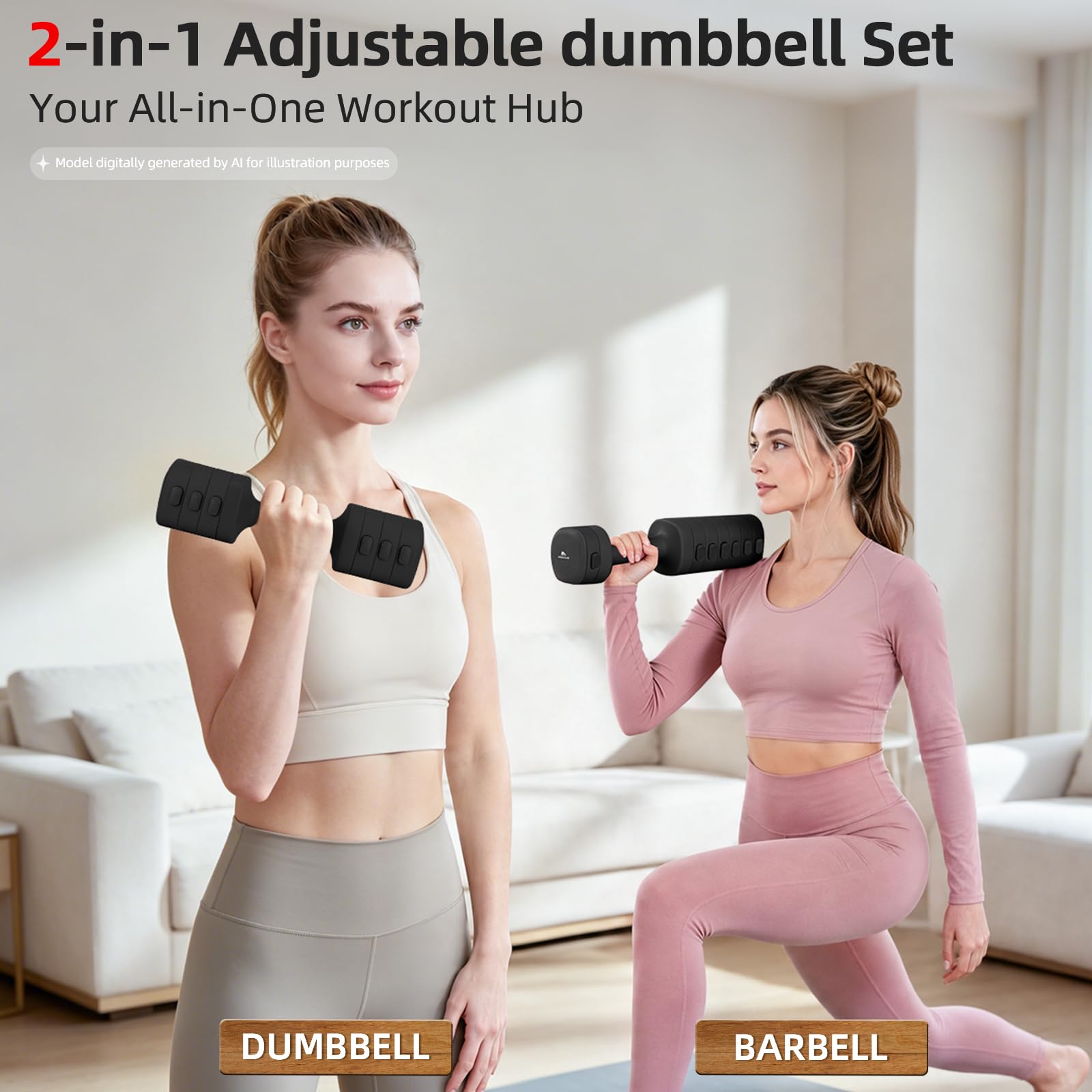 Abahub Zestaw hantli regulowanych, 2,5 kg x 2 pary, hantle fitness, pilates, damskie | 4 w 1 regulowane hantle, ciężarki do siłowni, hantle do codziennego treningu, hantle z szybką regulacją wagi, czarne