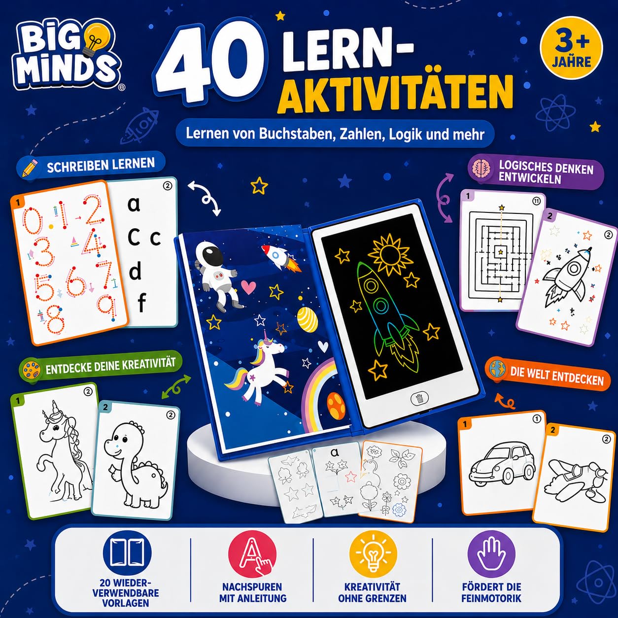 Big Minds - Maltafel Zaubertafel Buchformat | LCD Schreibtafel Kinder | Drawing Tablet Ideal | Maltablett Für Kinder 20 Wendbaren Zeichenvorlagen