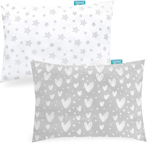 Biloban Organic Cotton Toddler Pillowcase for 13 x 18 or 14 x 19 Inches Pillow, (Pillowcase Only) 2 Pack Kids Pillowcase for Sleeping, Envelope Travel Pillow Case for Girl Boy, Gray Heart & White Star