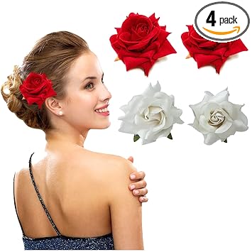 Kidzoo 4pc Bridal Wedding Hair Clips RED & WHITE ROSE FLOWER BRIDE HAIRCLIPS Hair Pins Hair Clips Hair Accessories Bun Maker for Women and Girls
