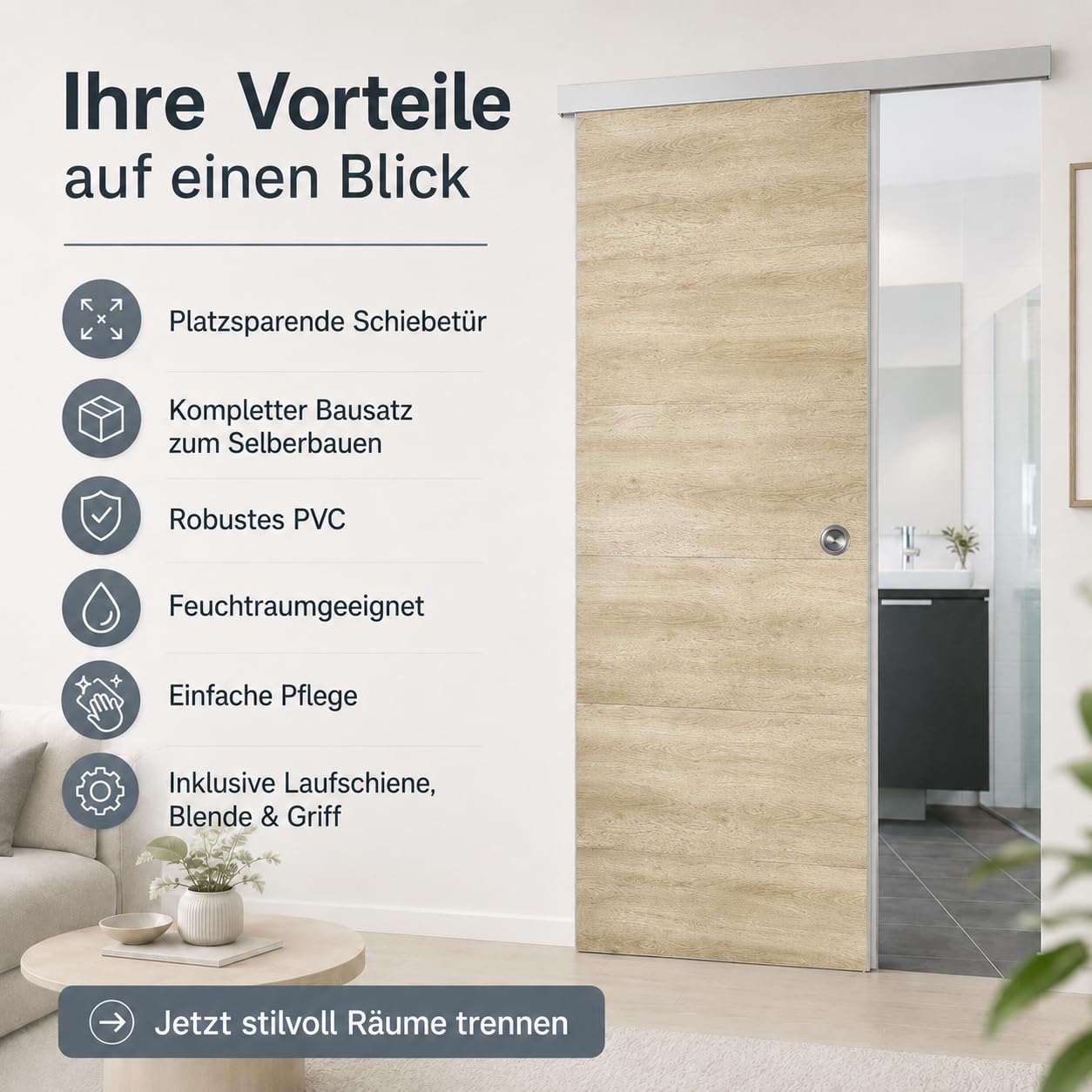 Ondis24 SLIDE Porte coulissante pour appartement avec rail le long du mur, séparateur de pièce intérieur avec rail, système de porte coulissante, séparateur de pièce avec guide au sol, 93 cm, beige