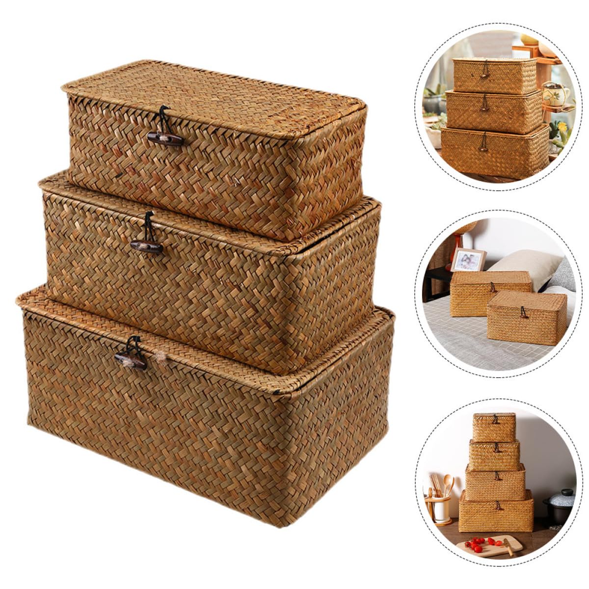 GANAZONO 3 Pezzi Cesto Portaoggetti Finitura Artigianale Intrecciato in con Coperchio, Contenitore Organizer Facile da Usare, per Casa e Shower