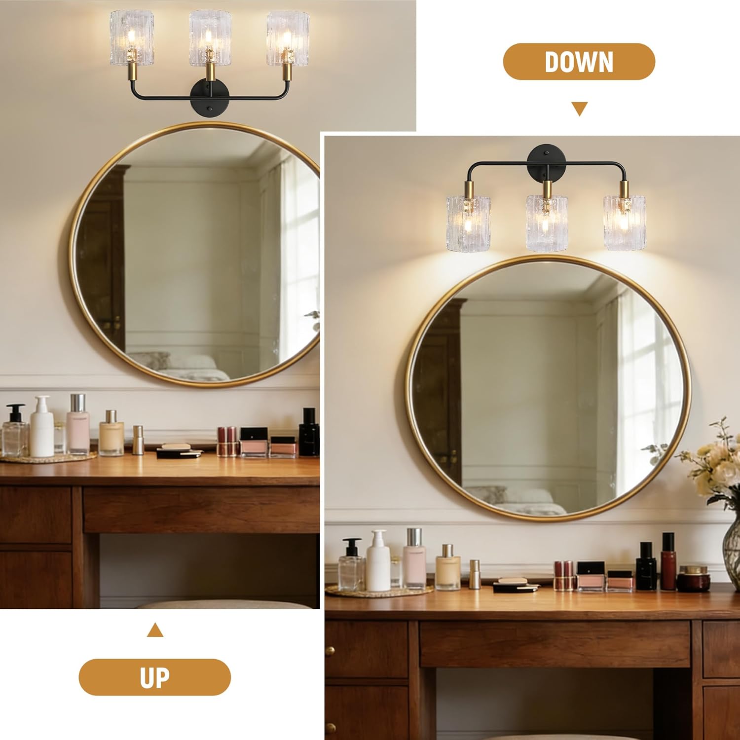 3-Light Glass Bathroom Vanity Lights Over Mirror, Black and Gold Bathroom Light Fixture with Clear Glass Shade, Modern Bathroom Wall Sconce Lighting for Mirror, Living Room (E12)
