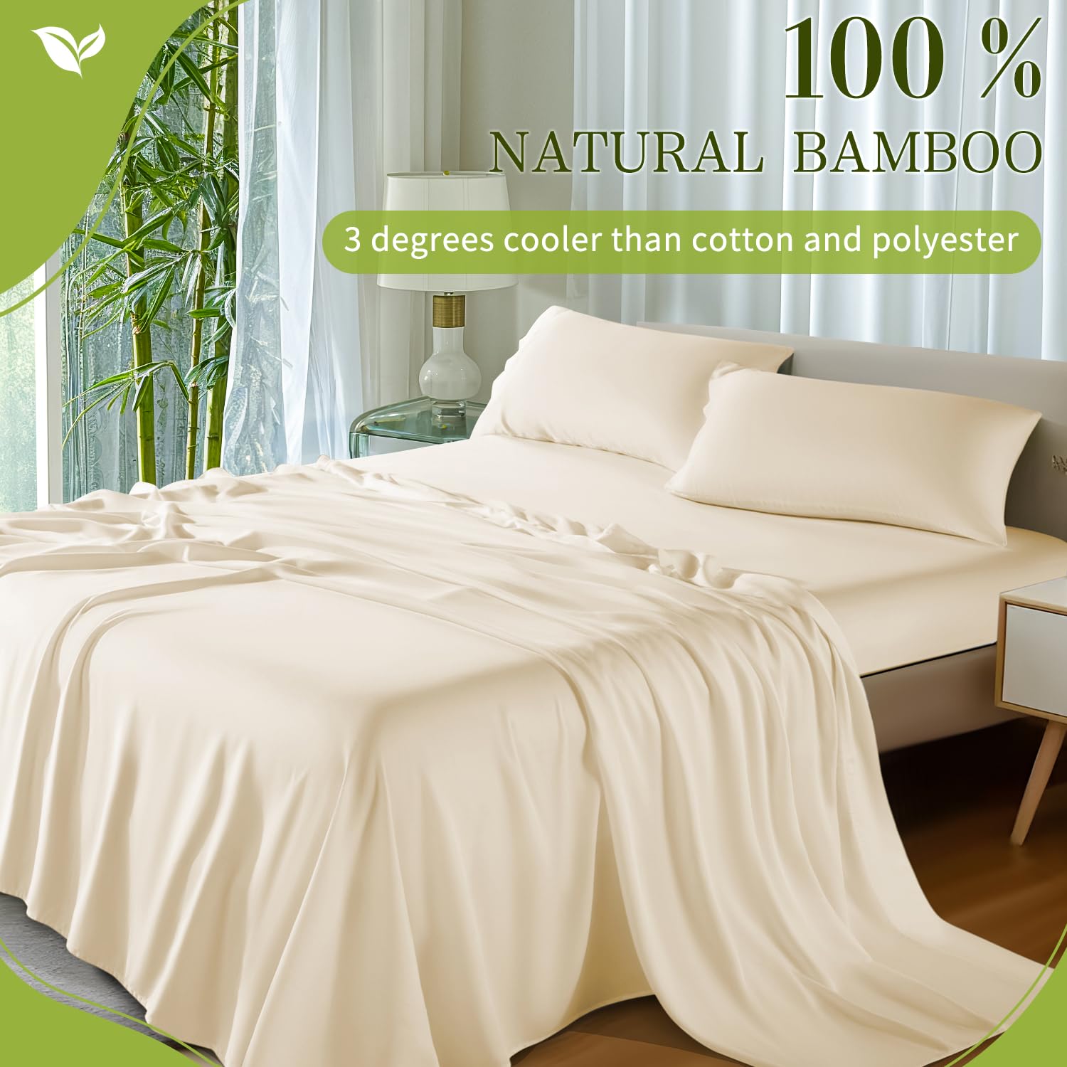 Shilucheng 100% Viscose Derived from Bamboo_ Sheets King Size 4pcs - Ultra Cooling & Silky Soft Bed Sheets, 16" Deep Pocket, Perfect for Hot Sleepers, Hotel Bedding Sheets (French Blue): 04 - Beige Full