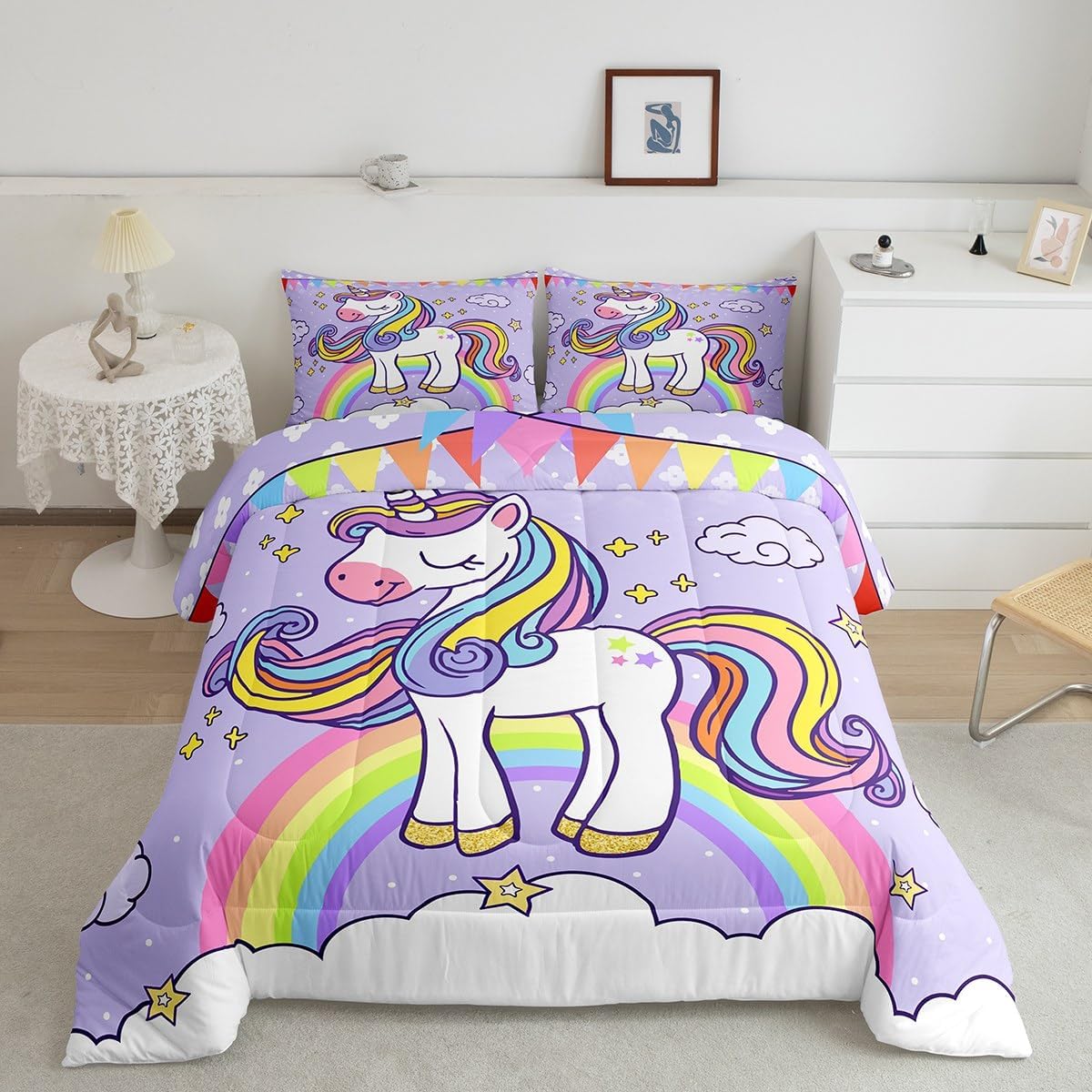 Feelyou Girls Cute Unicorn Bedding Set Twin Size Unicorn Reversible Comforter Set for Girls Decor Cute Animal Decor Comforter Microfiber Rainbow Duvet Set Bedroom Quilt Set Multi 41 Twin