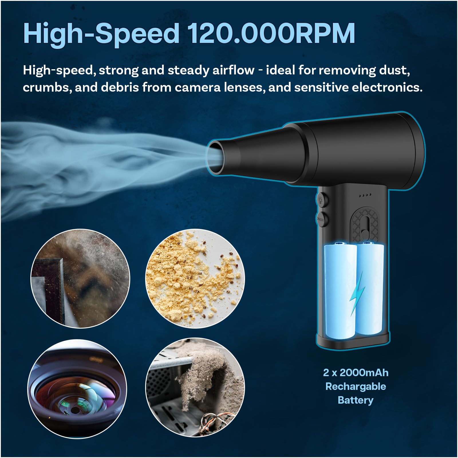 MMOBIEL Soffiatore Aria Compressa Elettrico 120000 Giri/Min, 7.4V, 4000mAh – Rimuovi Polvere Senza Fili USB-C Ricaricabile, Potente per Tastiera, PC, Laptop, Elettronica – Gadget Uomo Regalo