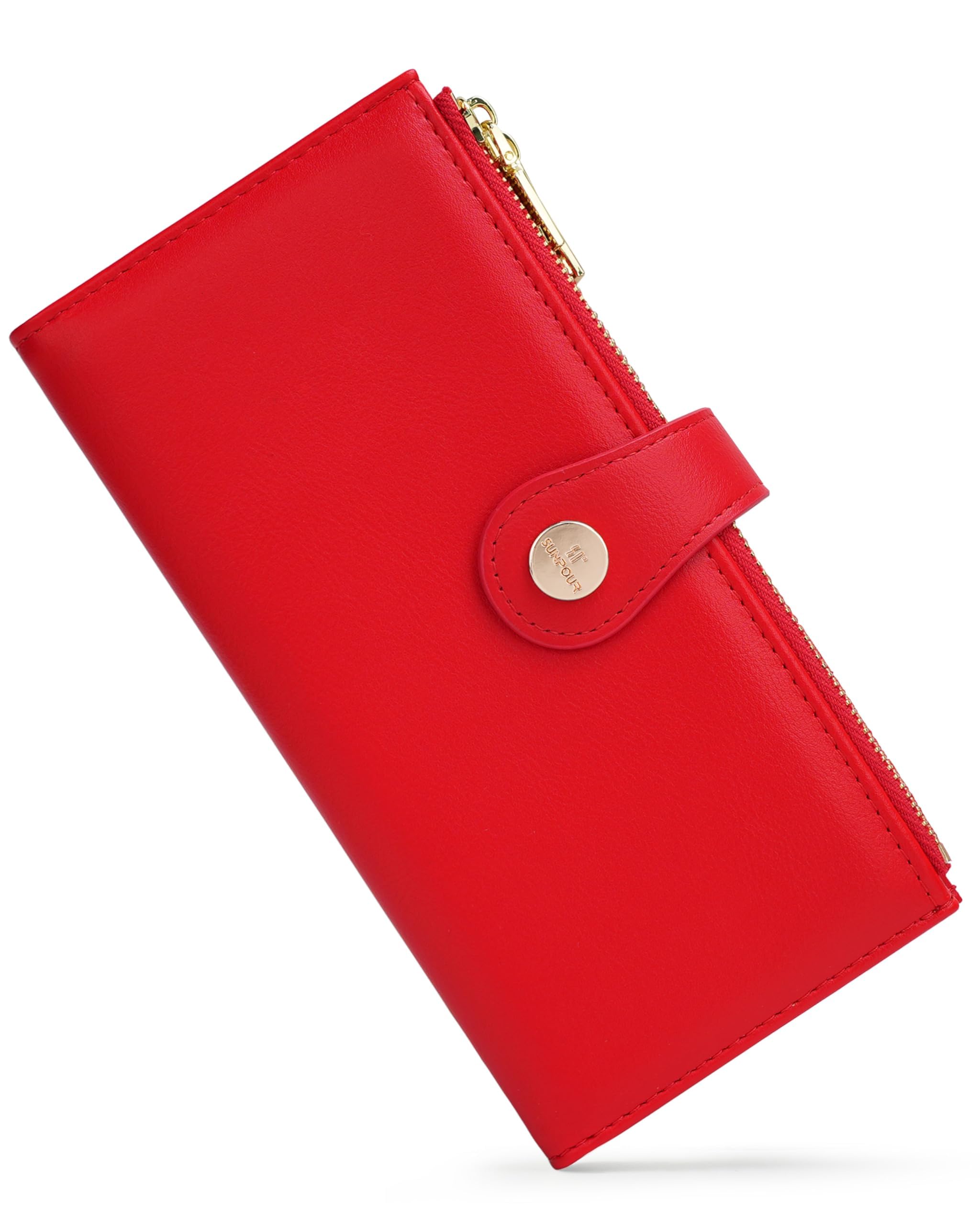 Sunpour Women’s Wallet,Thin RFID Blocking Leather Wallet for Women Credit Card Holder Travel Wallet with Zipper Pocket (Red)