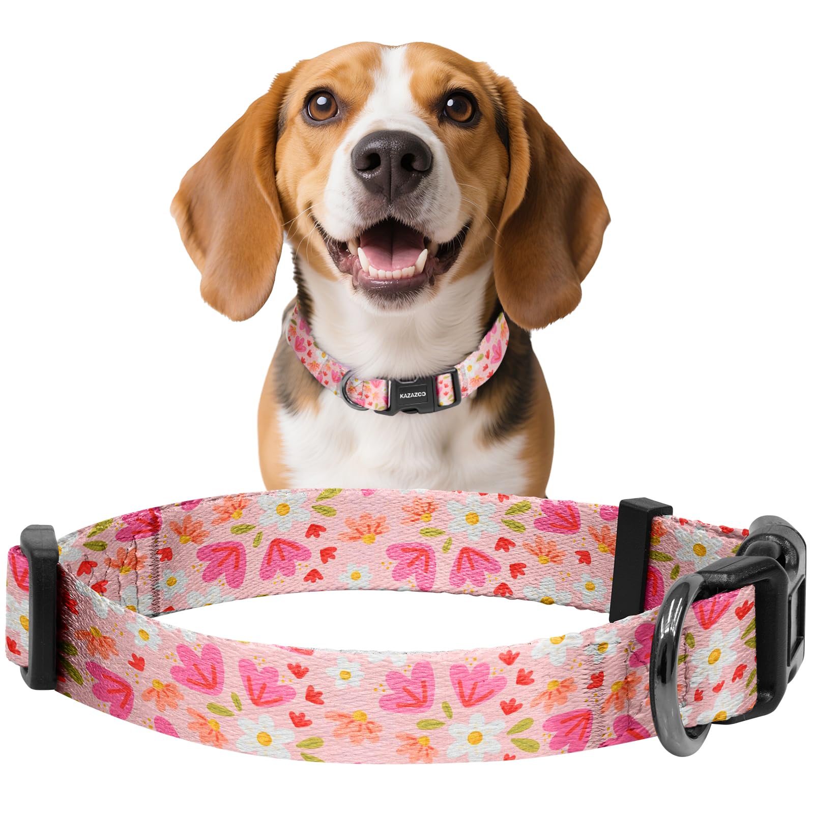 Kazazoo Dog Collar Cute and Soft Nylon Puppy Collar Girl Dogs, Adjustable Dog Collars for Medium Dogs, Pink Flowers-M