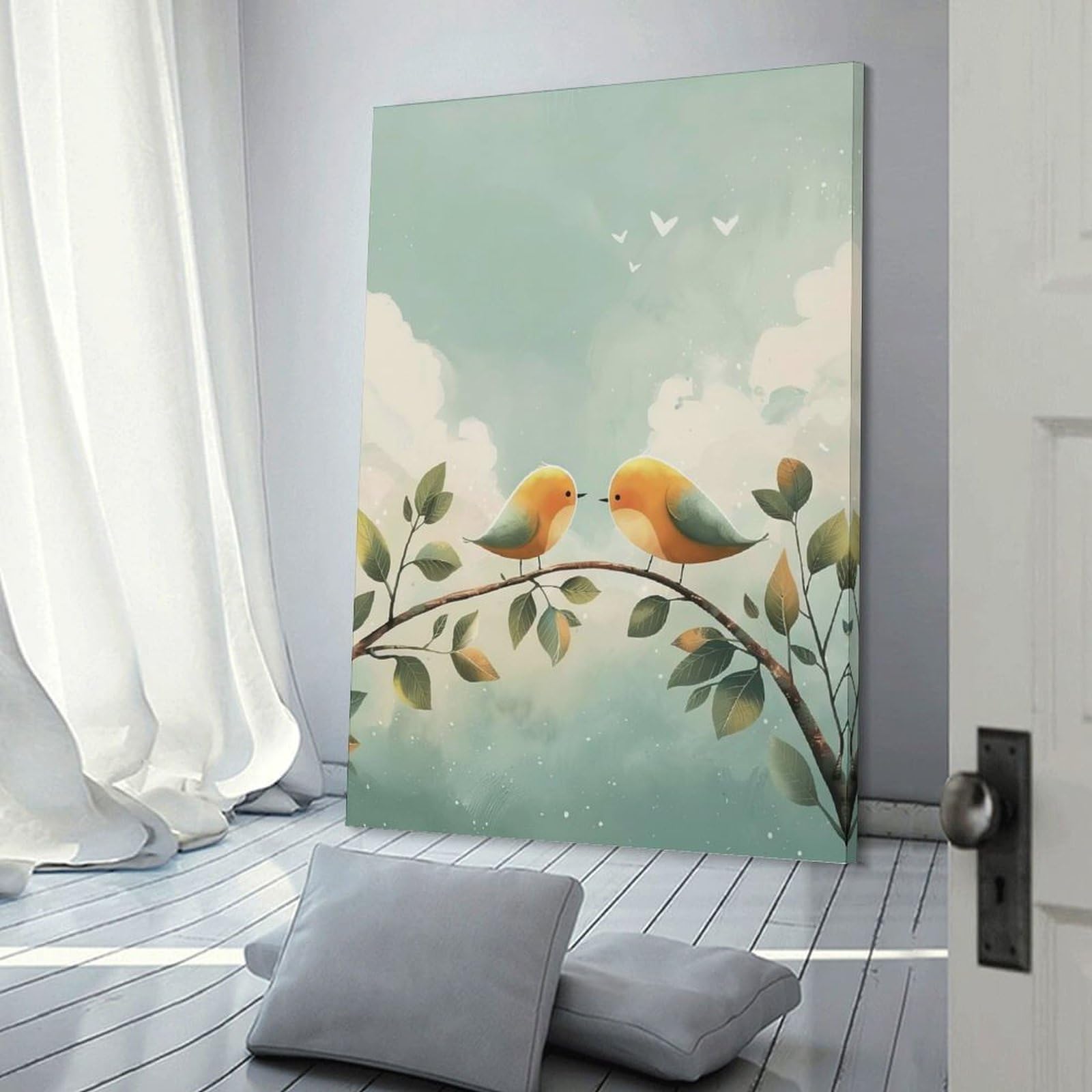 Junmoney Frame-Style-15 Two Birds On A Branch Canvas Wall Decor, 12X18inch(30X45cm), For Wall Displays, Bedrooms Or Room Updates, Wall Decor Suited To Curated Displays