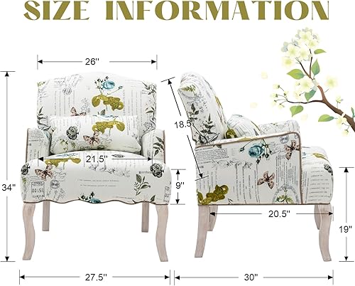 Miniatura 2 de Silla decorativa floral con brazos de tela de lino moderna con almohada extraíble, silla de lectura en esquina tapizada, cómodo sofá individual para