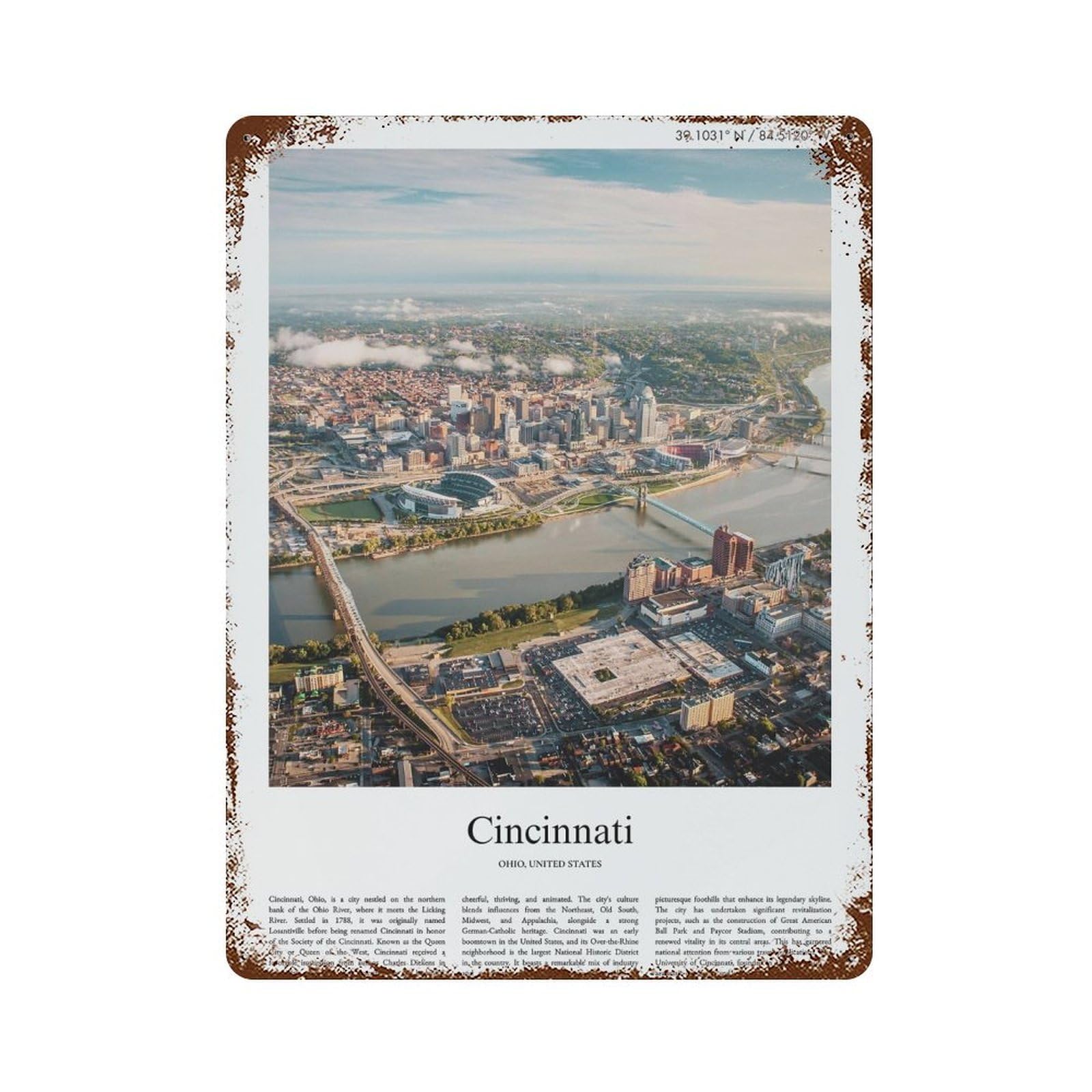 xiaoxiaoshen Cincinnati Ohio, United States, USA City Scenery Wall Decor Art Metal Tin Poster Modern Home Decor Art Home Bar Shop Decorations Vintage Sign 40x30cm