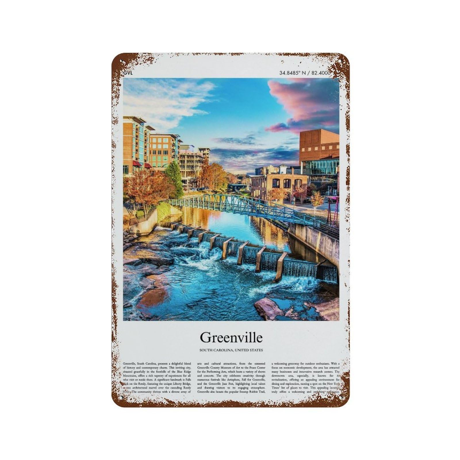 xiaoxiaoshen Greenville South Carolina, United States, USA City Scenery Wall Decor Art Metal Tin Poster Modern Home Decor Art Home Bar Shop Decorations Vintage Sign 30x20cm
