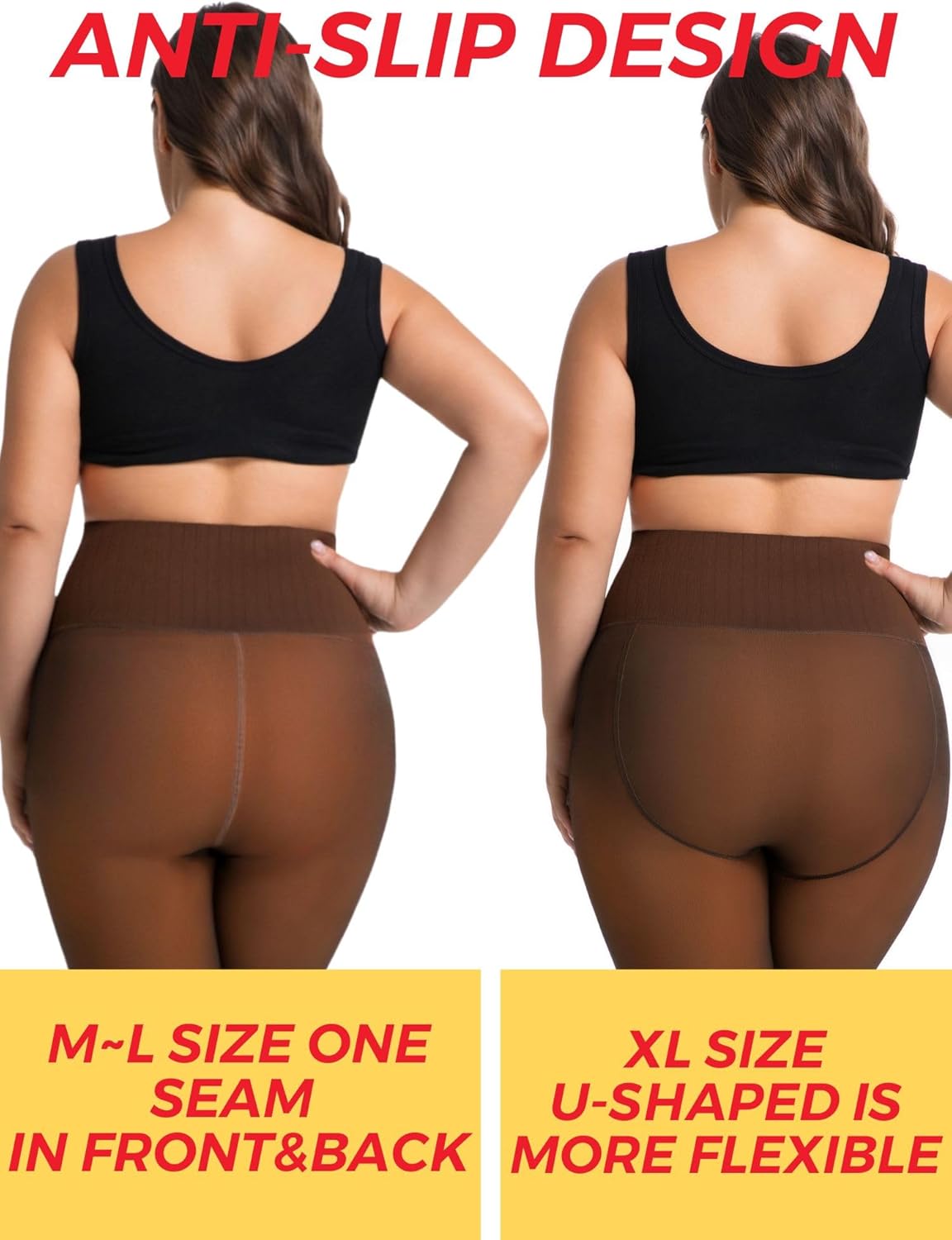 Soxbang High Waisted One Seam Fleece Lined Tights,Seamless Control Compression Fake Translucent Dark Skin Insulated Tights - Image 2