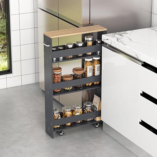 Miniatura 2 de COSTWAY Carrito de almacenamiento delgado con ruedas, carrito utilitario rodante de 4 niveles, carrito de almacenamiento de cocina de madera con asa