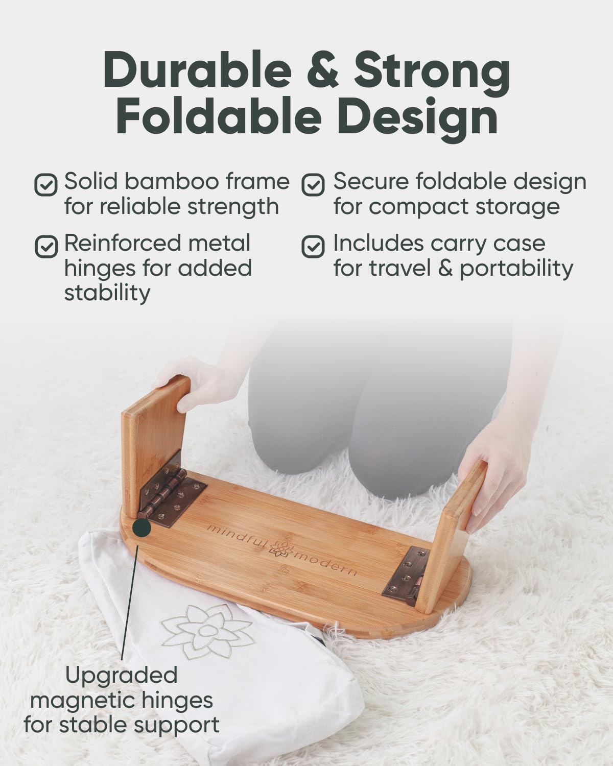 Mindful & Modern Faltbare Meditationsbank | Verriegelung magnetische Scharniere | Holzkniende ergonomische BambusSeiza für ZenMeditation, Haltung & Yoga | Gebetskniehocker mit weichem Kissen | mit
