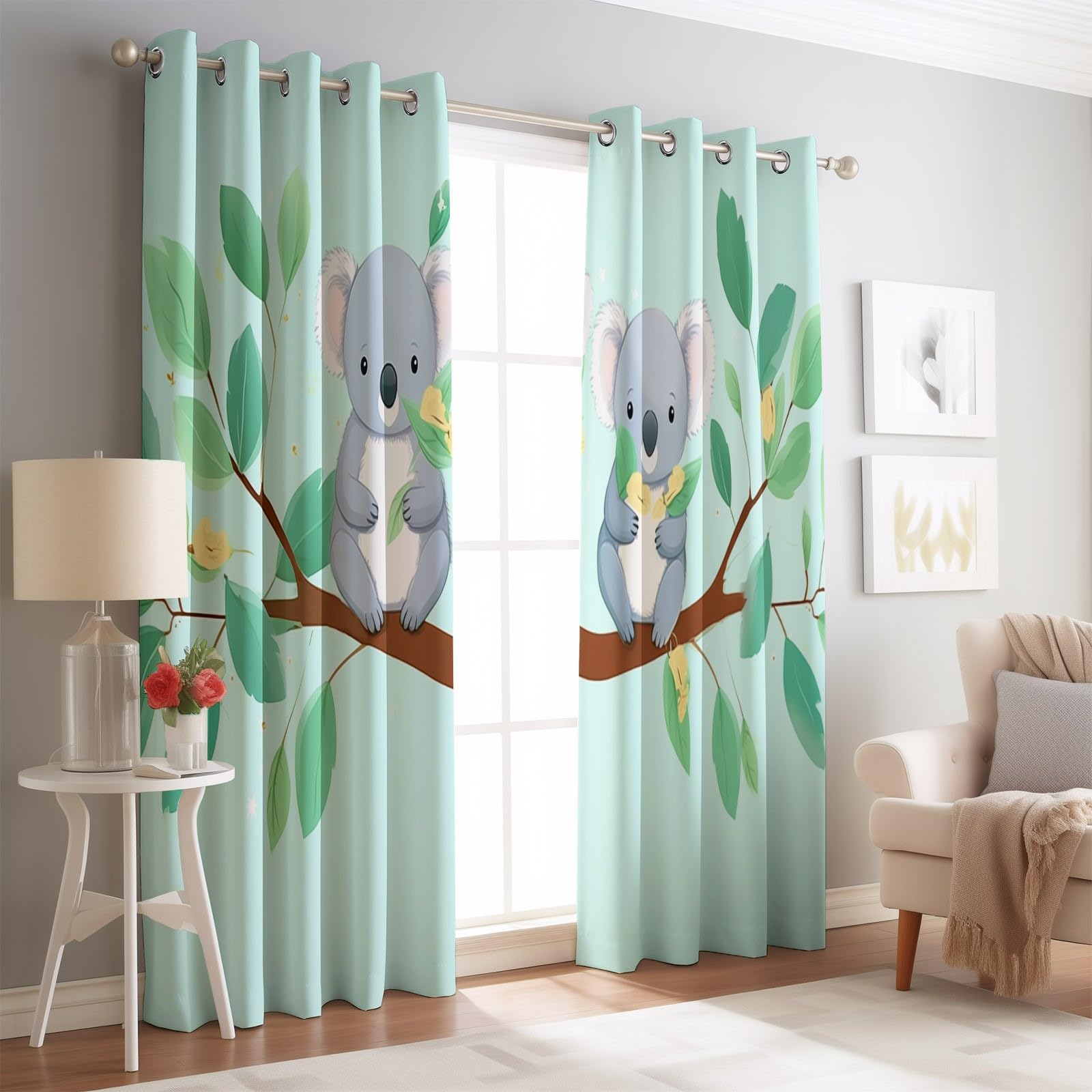 100% Zasłony Zaciemniające H 175 X B 140 Cm (2 szt.), Kreskówka Koala Eukaliptusowe Gałęzie Nieprzezroczyste Termiczne z Oczkami, Izolatory Światła, Zimno i Ciepło do Sypialni, Salonu, Jadalni