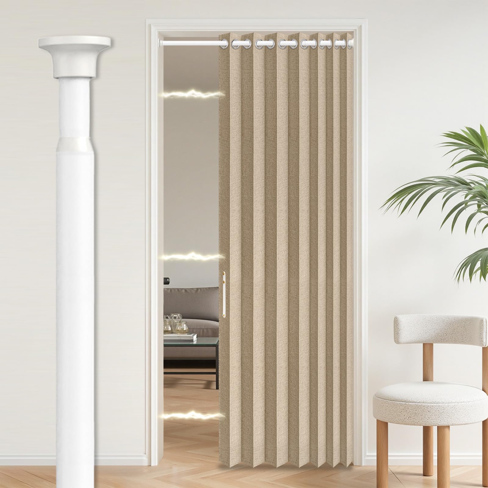 AJAZZ Blackout Accordion Doors Interior with Curtain Rods Adjustable 28-39" Long, Invisible Folding Door Magnetic Door Curtain for Bedroom Living Room Doorway Curtain Set, 1 Pack, W45 x L80 in, Brown