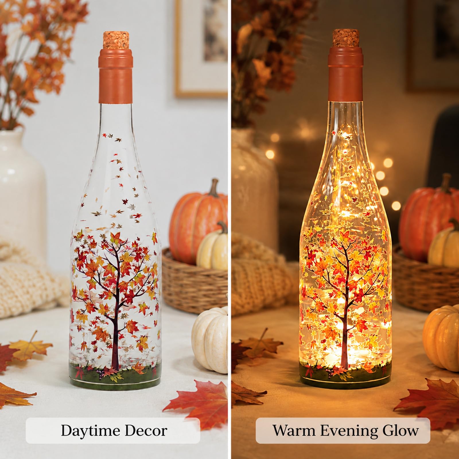 Décoration d'automne en forme de boule à neige, lanterne à paillettes en érable éclairée avec minuterie de 6 heures, décoration d'automne à piles pour décoration d'automne pour la maison, affichage de